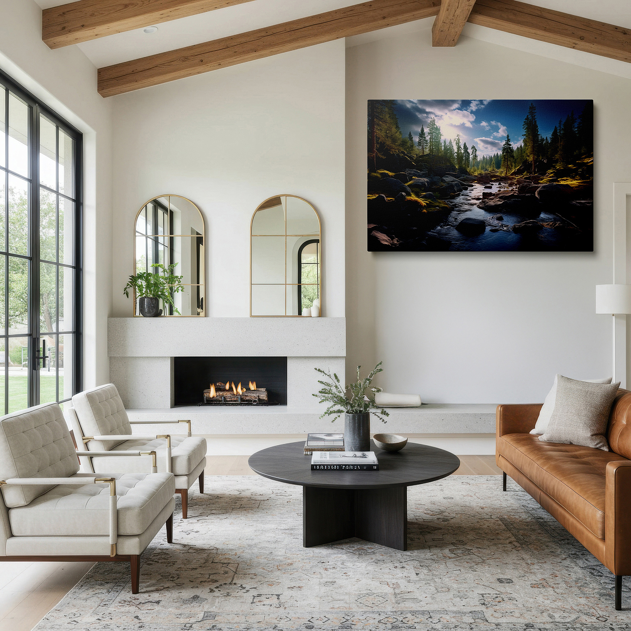Gently illuminated by ambient lighting in an entryway — golden hour tranquil riverscape with serene reflections and verdant pines, large canvas wall art for office and bedroom decor
