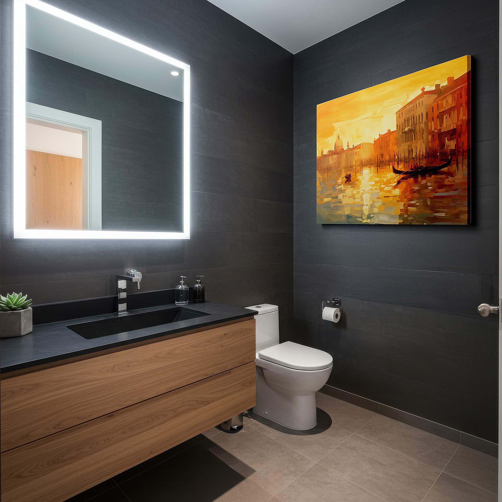 Gently illuminated by ambient lighting in an entryway — golden reflections dance across serene waters: vibrant abstract canvas wall art for office, bedroom, and home decor