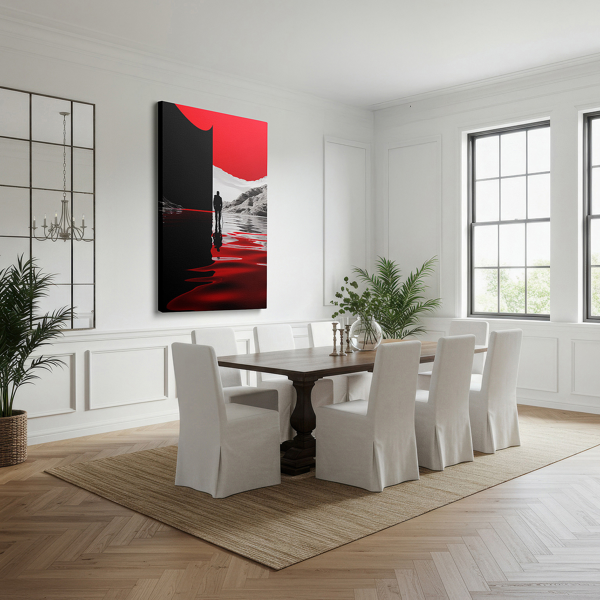 Gently illuminated by ambient lighting in an entryway — at the intersection of passion and mystery, a lone figure contemplates life's decisions - large wall art, canvas wall art, wall decor for office