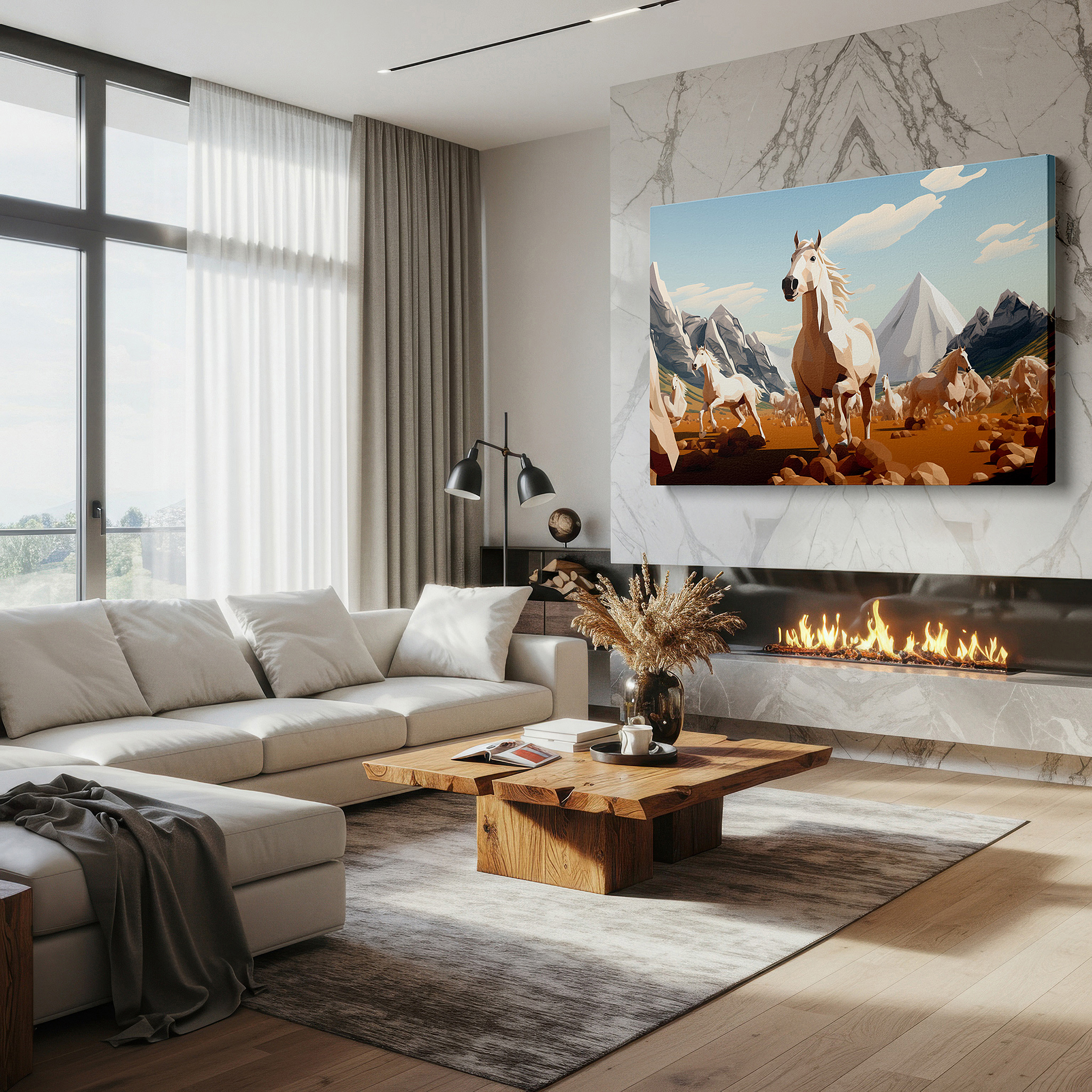 Gently illuminated by ambient lighting in an entryway — low-poly style herd of horses in motion with snow-capped mountains background, large canvas wall art for office and bedroom decor