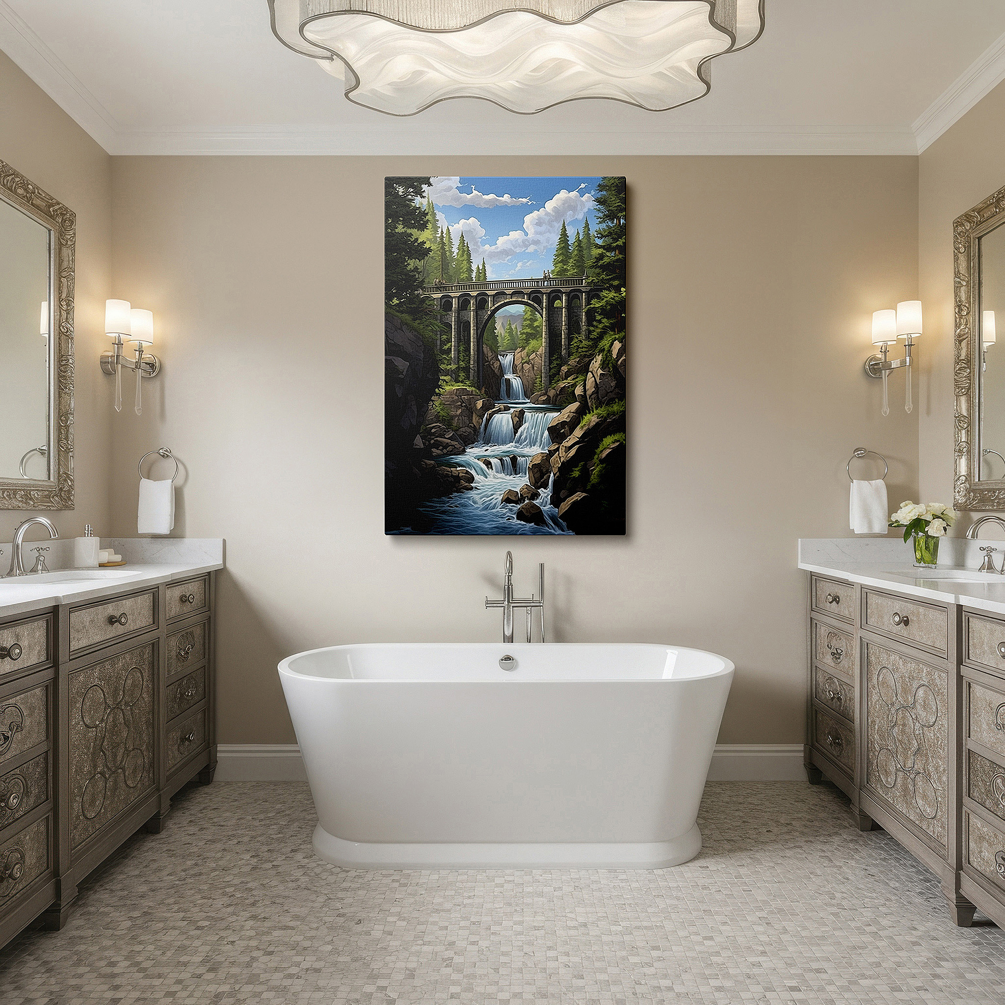 Gently illuminated by ambient lighting in an entryway — majestic bridge and cascading waterfalls wall art, large canvas print, nature and craftsmanship themed office decor