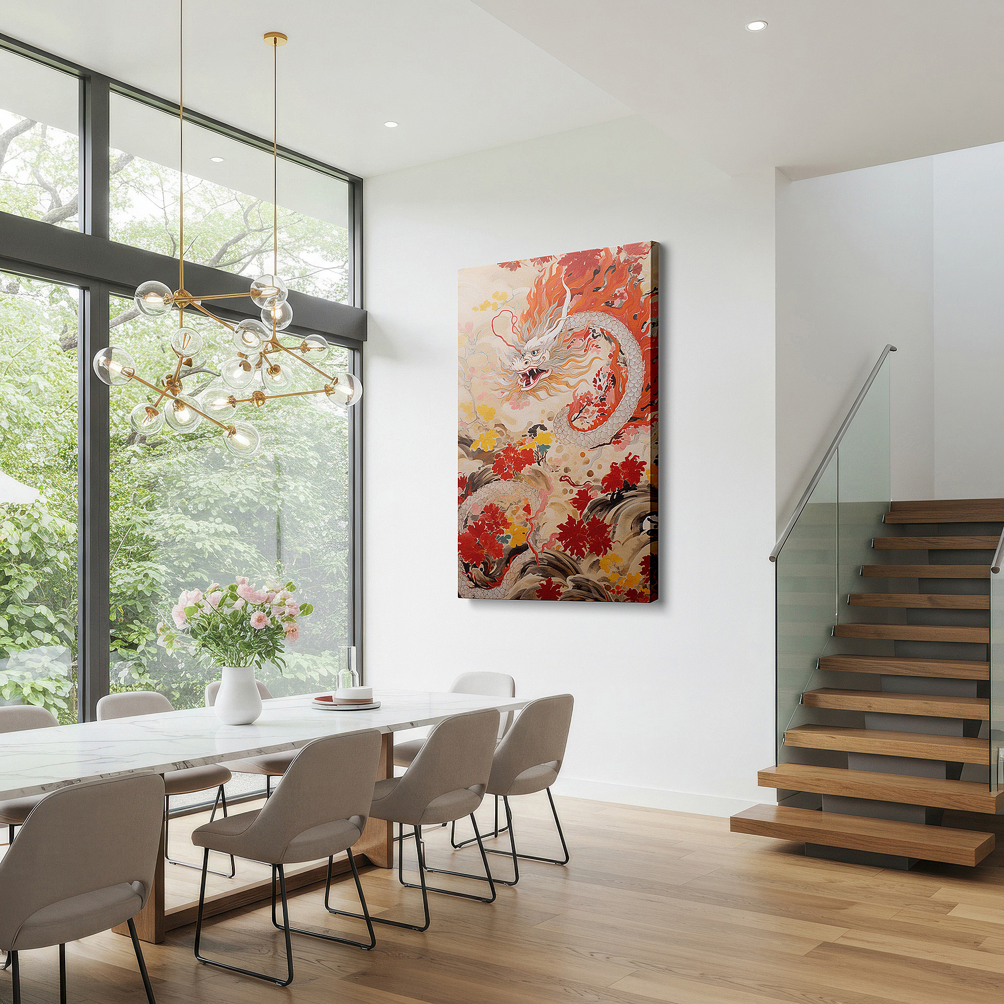 Gently illuminated by ambient lighting in an entryway — majestic dragon in flight: a vivid tapestry of myth and motion - large canvas wall art for office and bedroom decor