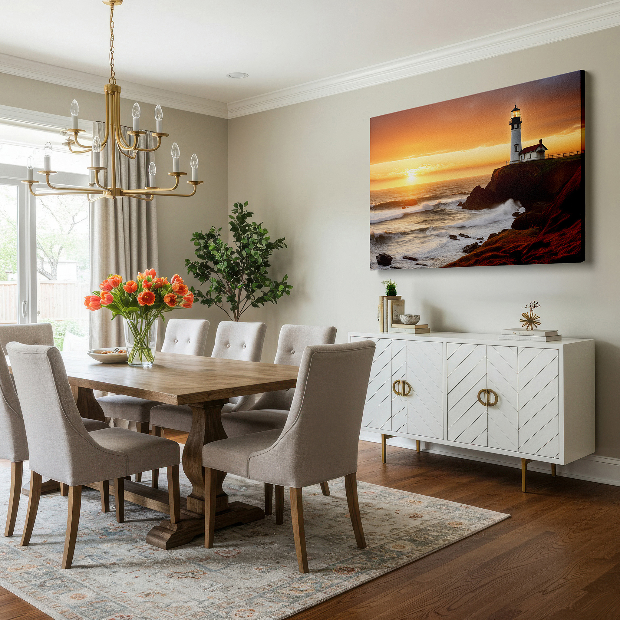 Gently illuminated by ambient lighting in an entryway — majestic lighthouse: a beacon of hope amidst nature's fury - stormy seas large wall art, canvas wall art, wall decor for office and bedroom