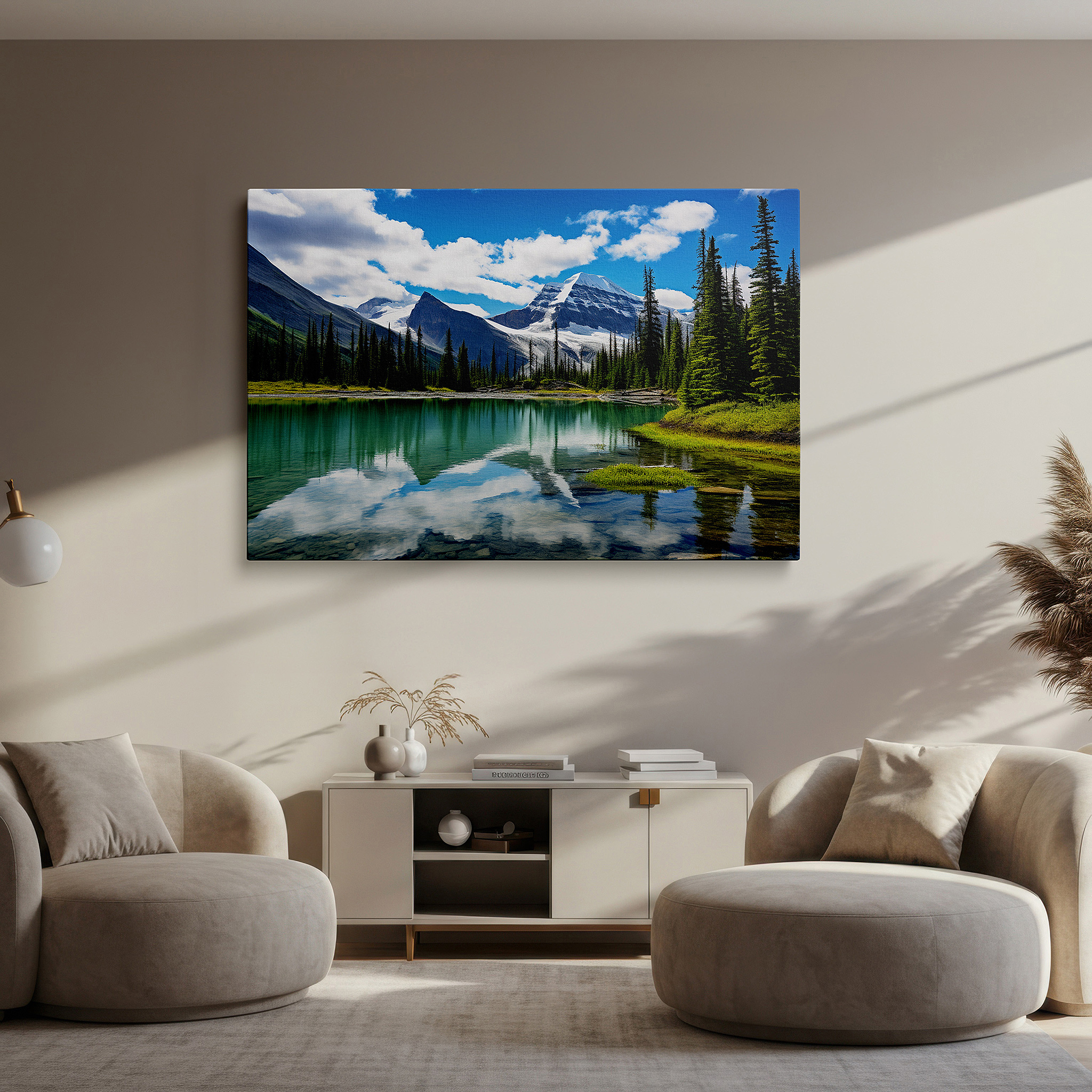 Gently illuminated by ambient lighting in an entryway — majestic mountain peaks and serene lake reflections: large canvas wall art for office, bedroom, and living room decor