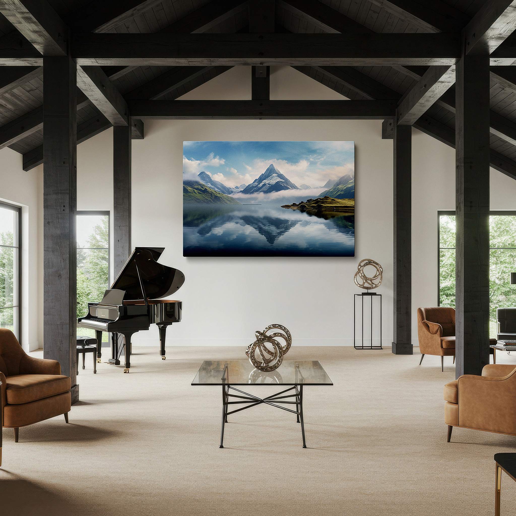 Gently illuminated by ambient lighting in an entryway — majestic mountains and peaceful lake reflections - a calming and refreshing landscape for any space, large wall art, canvas wall art, wall decor
