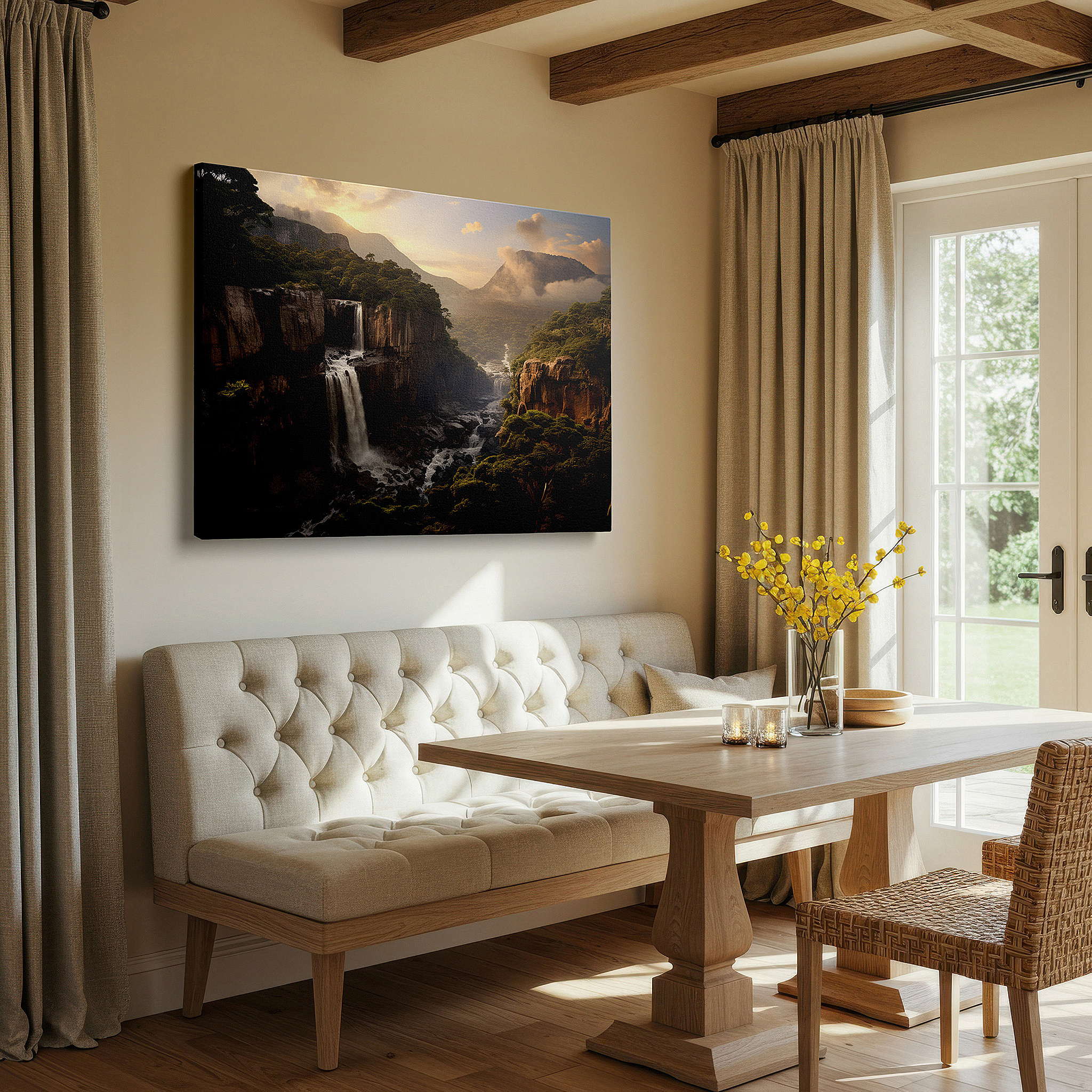 Gently illuminated by ambient lighting in an entryway — majestic waterfall flowing through verdant jungle, serene pool beneath, large canvas wall art, wall decor for office and bedroom