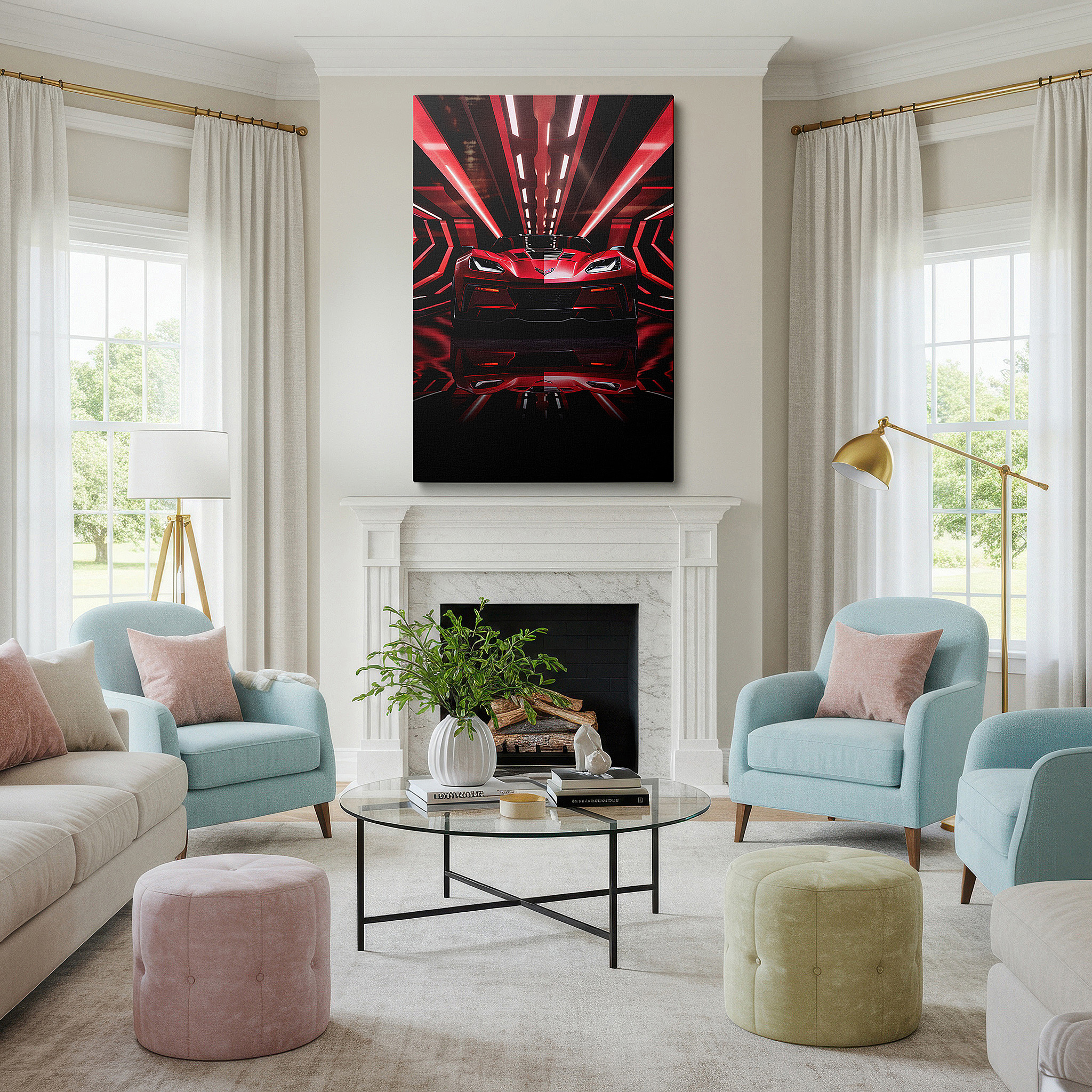 Gently illuminated by ambient lighting in an entryway — modern wall art: striking red corvette in a neon futuristic cityscape - large canvas art for office decor