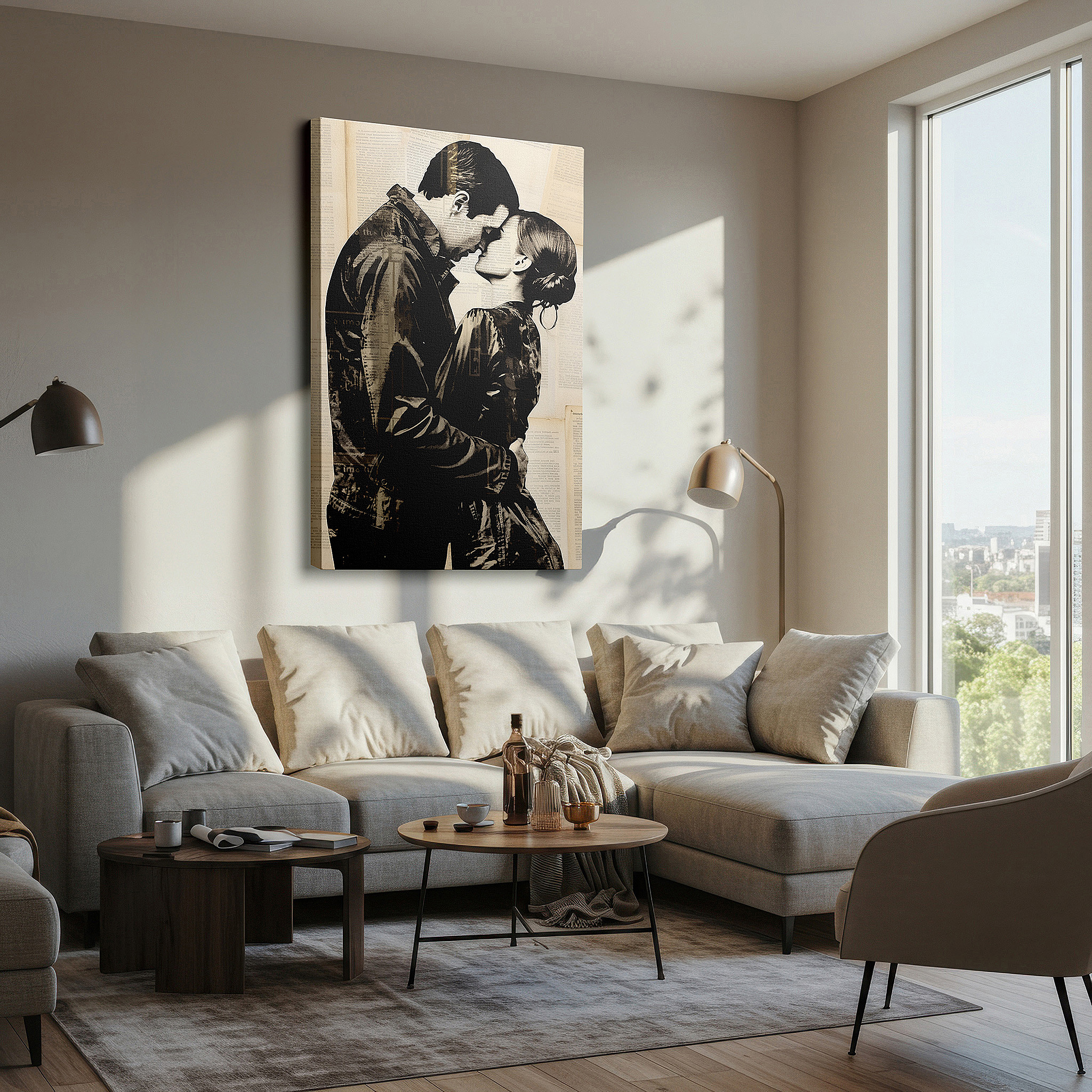 Gently illuminated by ambient lighting in an entryway — monochrome abstract embrace: exploring love and intimacy, large canvas wall art for office and bedroom decor