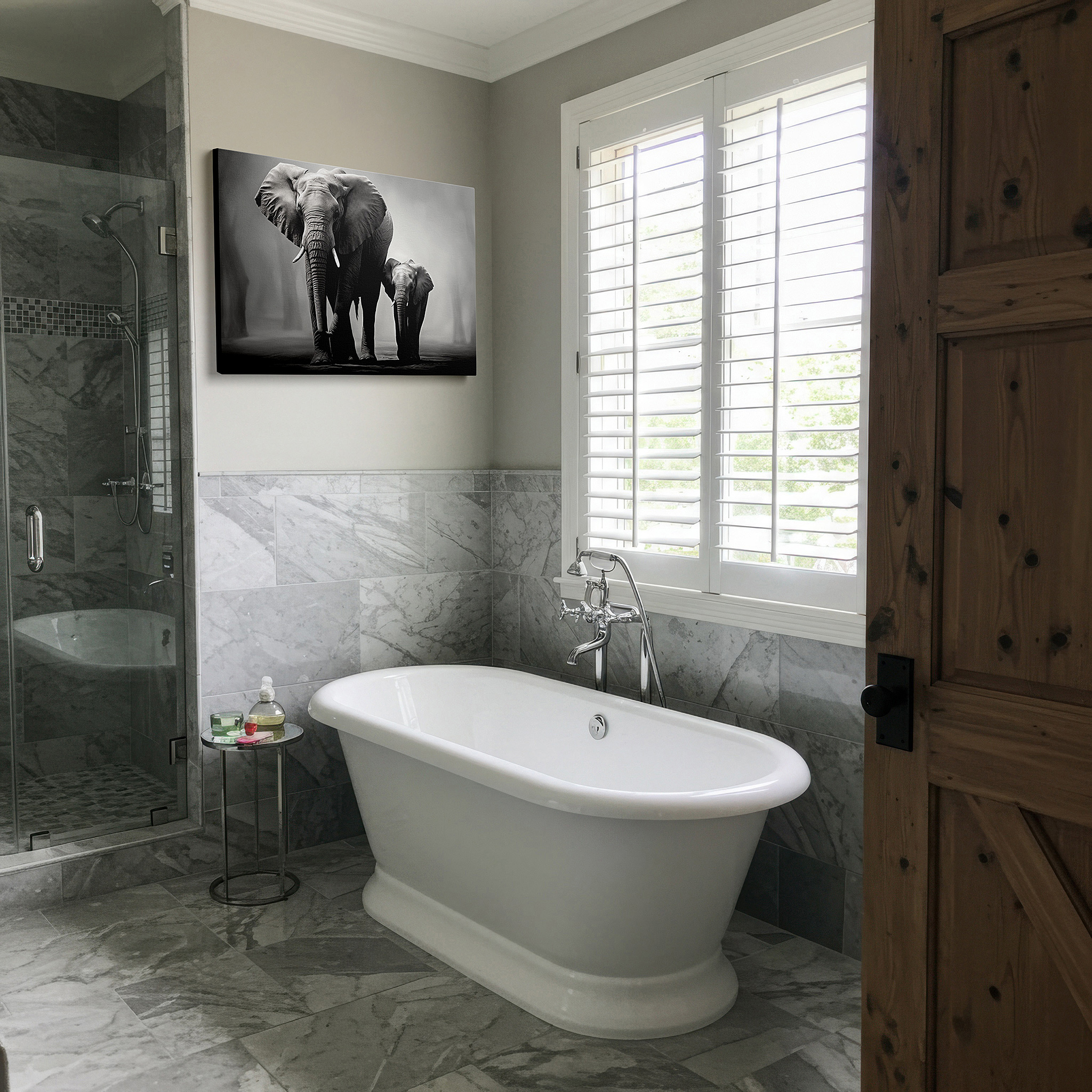 Gently illuminated by ambient lighting in an entryway — monochrome majestic elephants: celebrating family ties and conservation - large wall art, canvas wall art, wall decor for offices