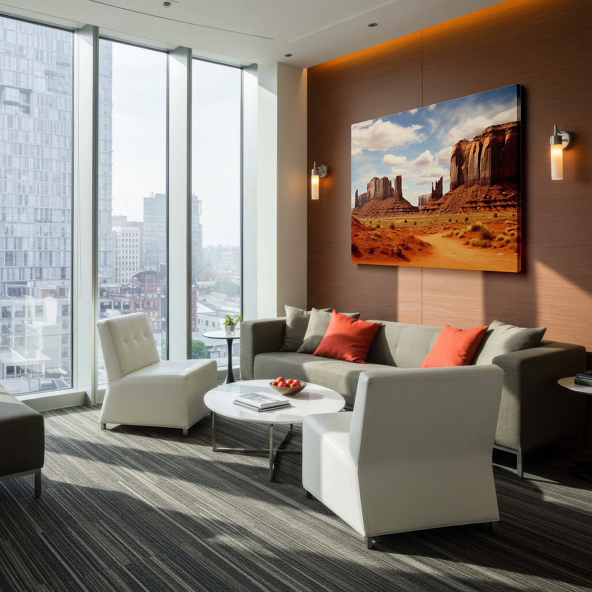 Gently illuminated by ambient lighting in an entryway — monument valley majesty: a stunning exhibition of nature's splendor and the passage of time - large canvas wall art for office and bedroom decor