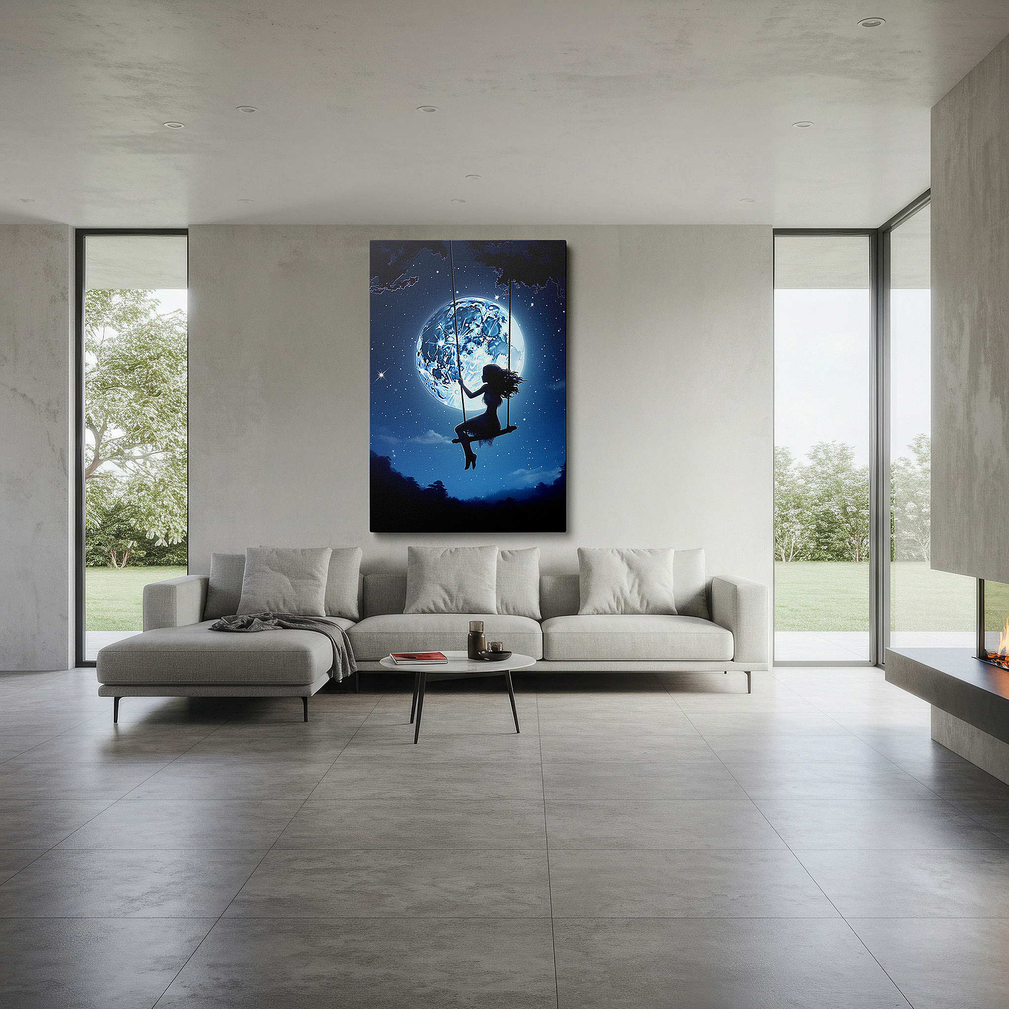 Gently illuminated by ambient lighting in an entryway — moonlit swing wall art: a celestial dance of childhood joy and cosmic tranquility - large canvas for home and office decor