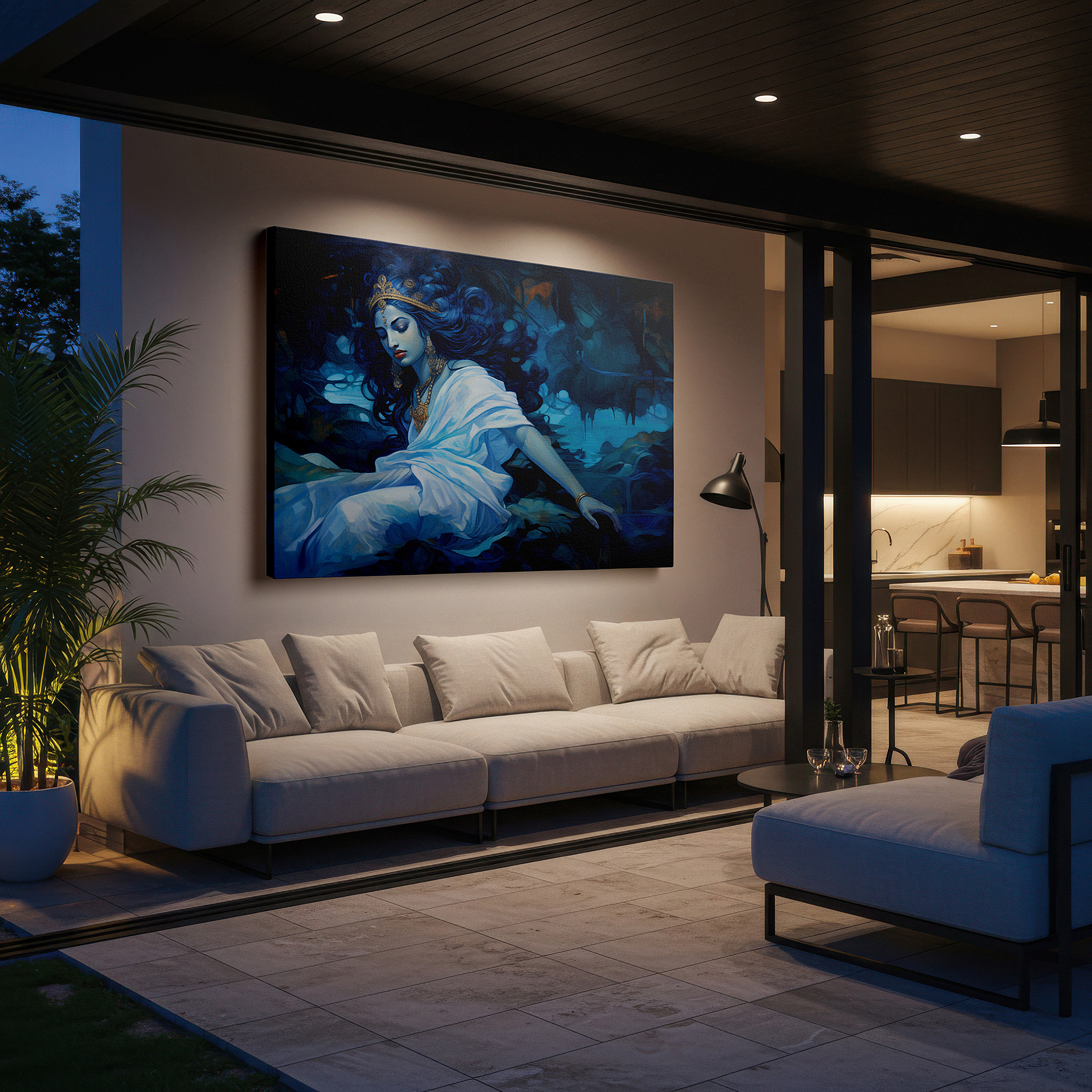 Gently illuminated by ambient lighting in an entryway — mystical elegance in blue hues: enigmatic figure draped in flowing robes, large wall art, canvas wall art, wall decor, office wall art