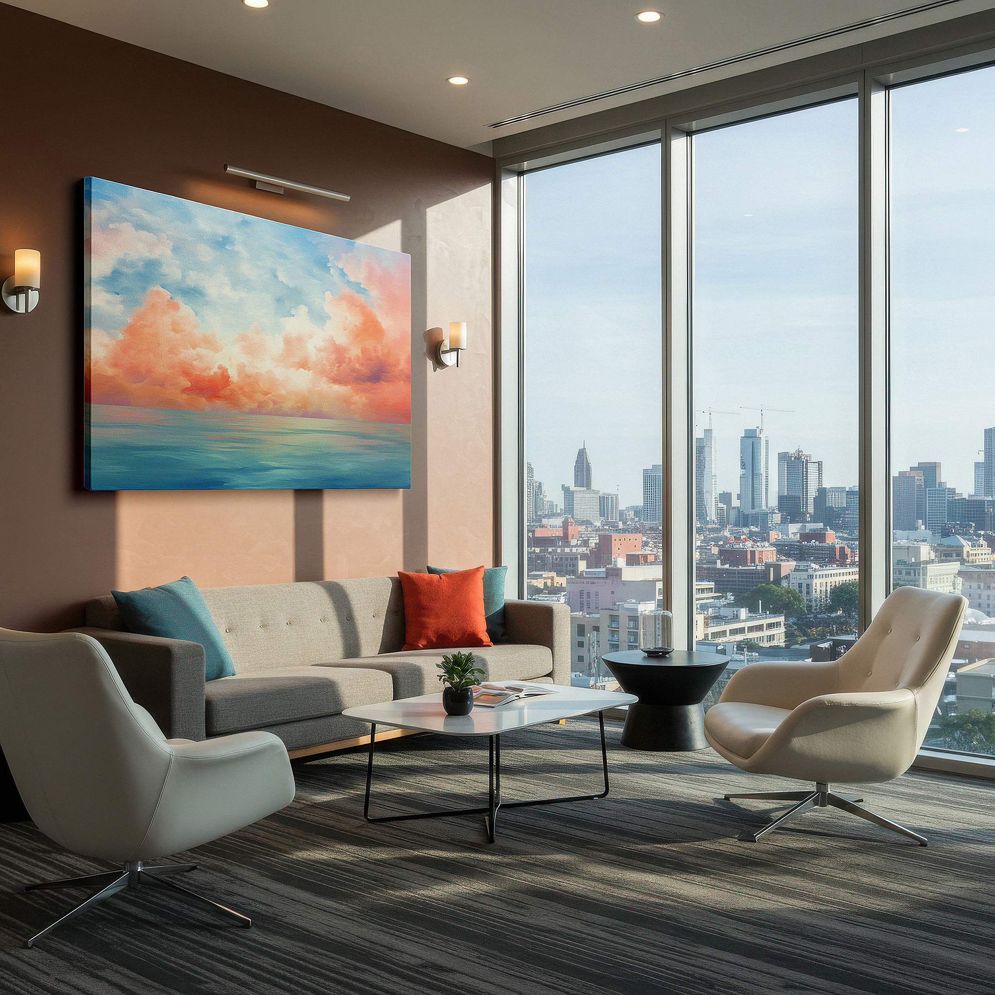 Gently illuminated by ambient lighting in an entryway — pastel tones of serene sky and water, perfect for tranquil reflection and calm - large wall art, canvas wall art, wall decor for office and bedroom