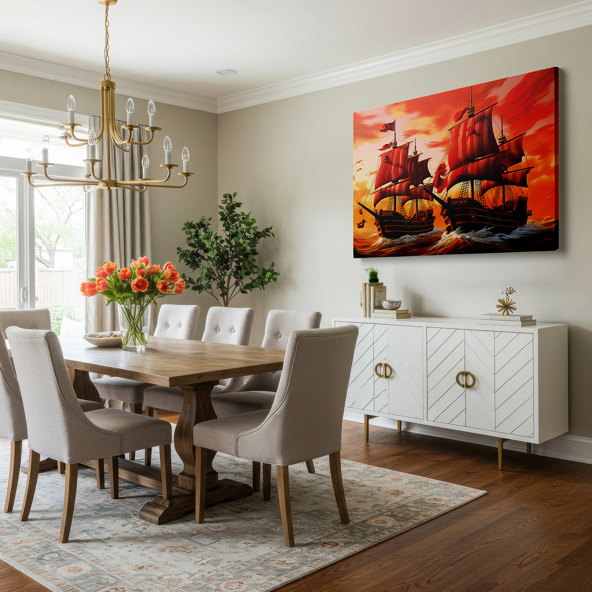 Gently illuminated by ambient lighting in an entryway — pirate ships outlined in sunset, inspiring adventure and romance - large wall art, canvas print, home and office decor