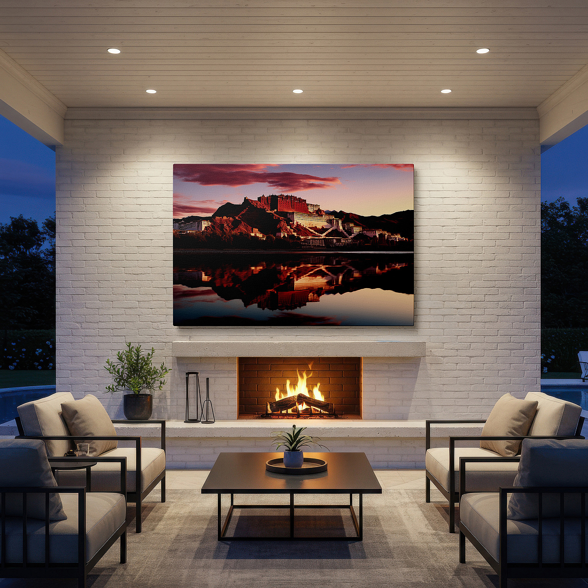 Gently illuminated by ambient lighting in an entryway — potala palace twilight majesty: large canvas wall art reflecting tibetan culture for office and bedroom decor