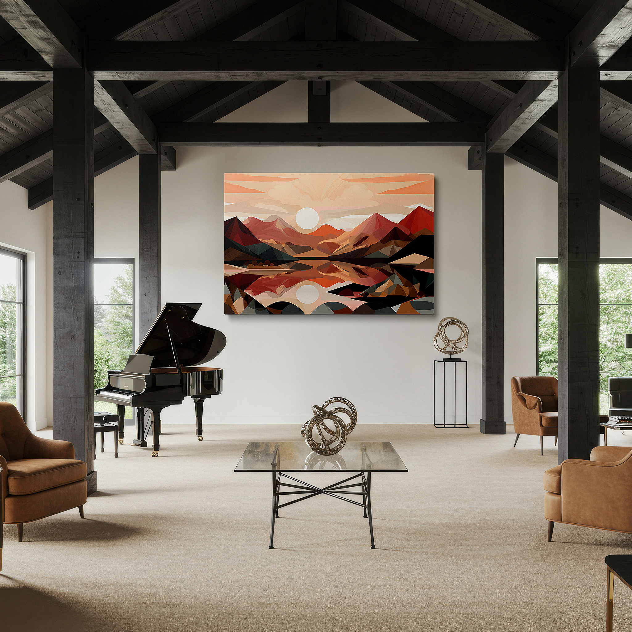 Gently illuminated by ambient lighting in an entryway — reflective geometric mountains and water: bold nature and modern design large wall art, canvas wall art, office wall decor