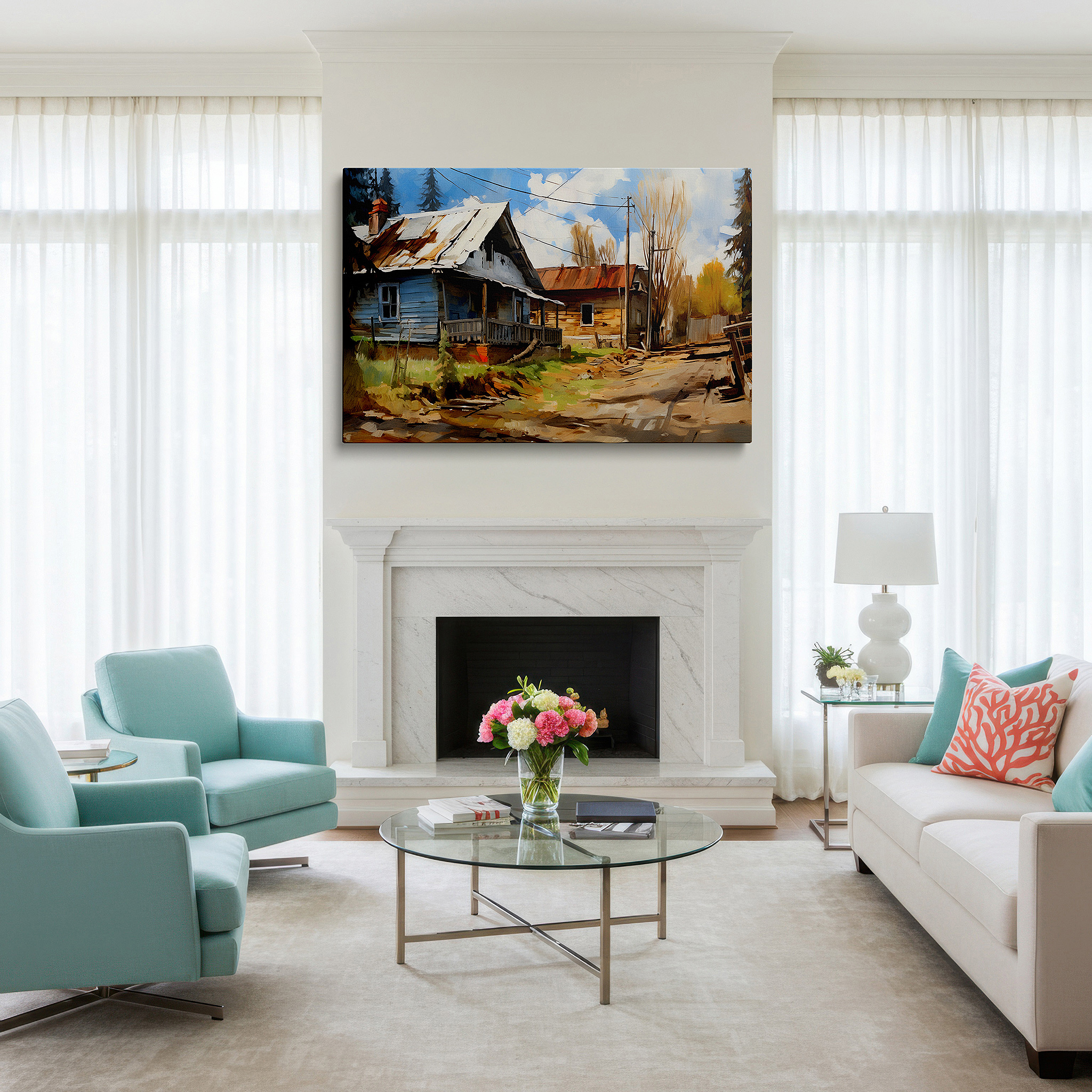 Gently illuminated by ambient lighting in an entryway — rustic cabin wall art: serene countryside escape amidst lush greenery - perfect for office, living room, or bedroom decor