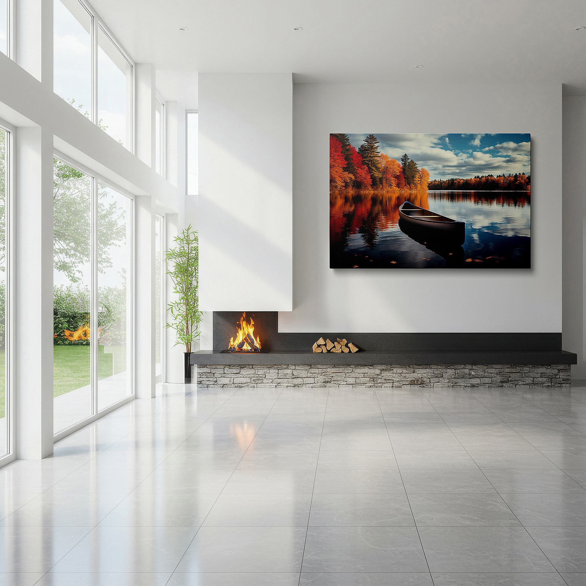 Gently illuminated by ambient lighting in an entryway — serene canoe journey wall art: autumn reflections and tranquil nature escape - large canvas for home and office decor