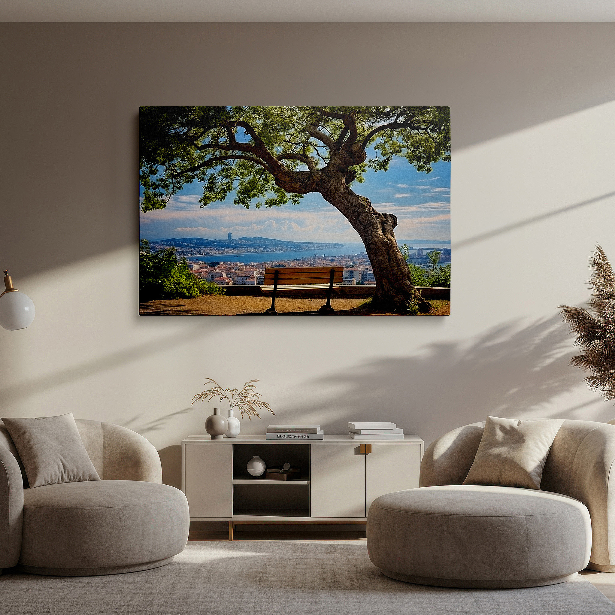 Gently illuminated by ambient lighting in an entryway — serene cityscape and nature fusion: tranquil bench under a grand tree large canvas wall art, perfect for office and home decor