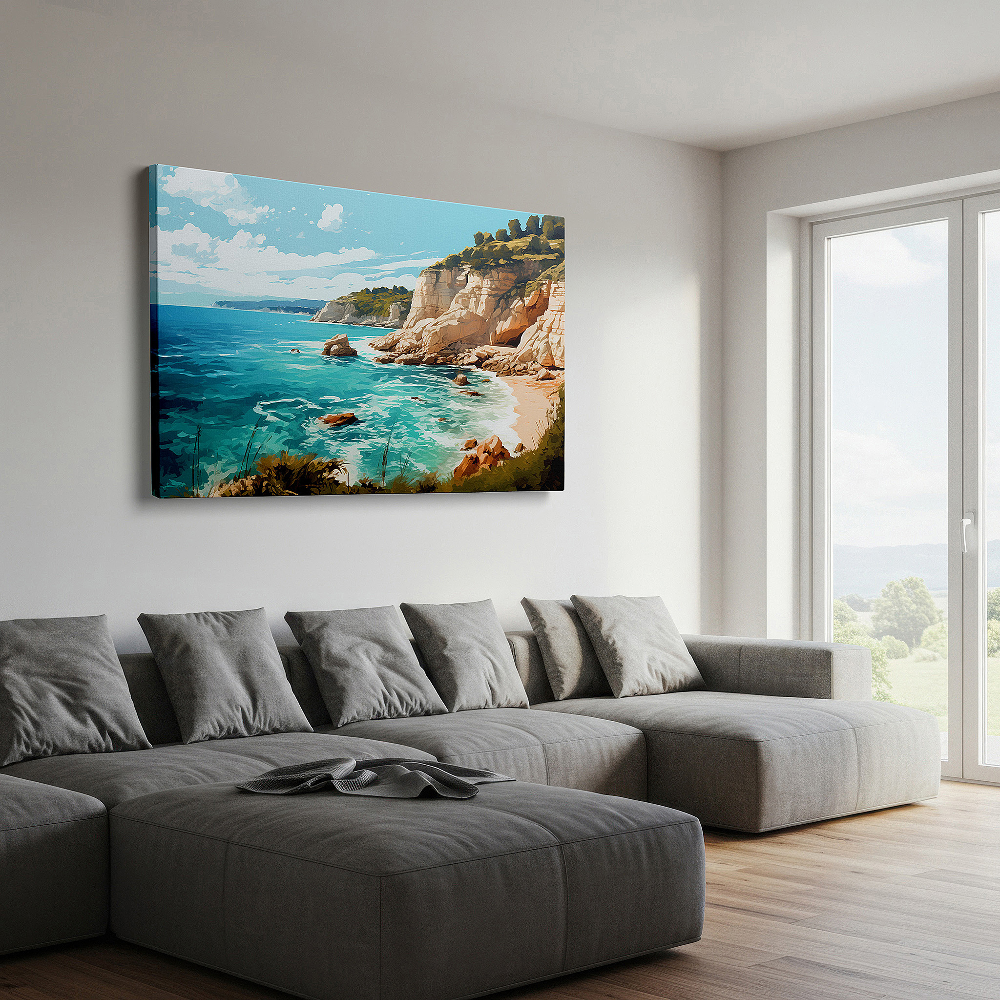 Gently illuminated by ambient lighting in an entryway — serene coastal scenery with blue waters and verdant foliage, oversized wall art, canvas print, home and office decor, bedroom wall art