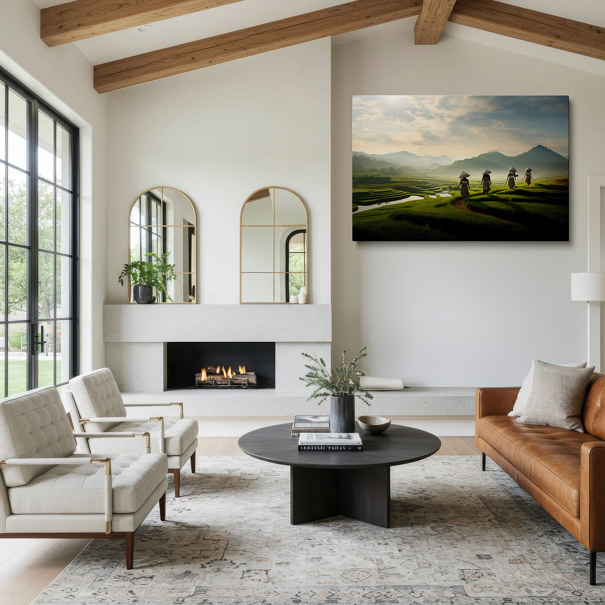 Gently illuminated by ambient lighting in an entryway — serene depiction of countryside living and connection with nature in verdant rice terraces wall art, suitable for office and bedroom decor