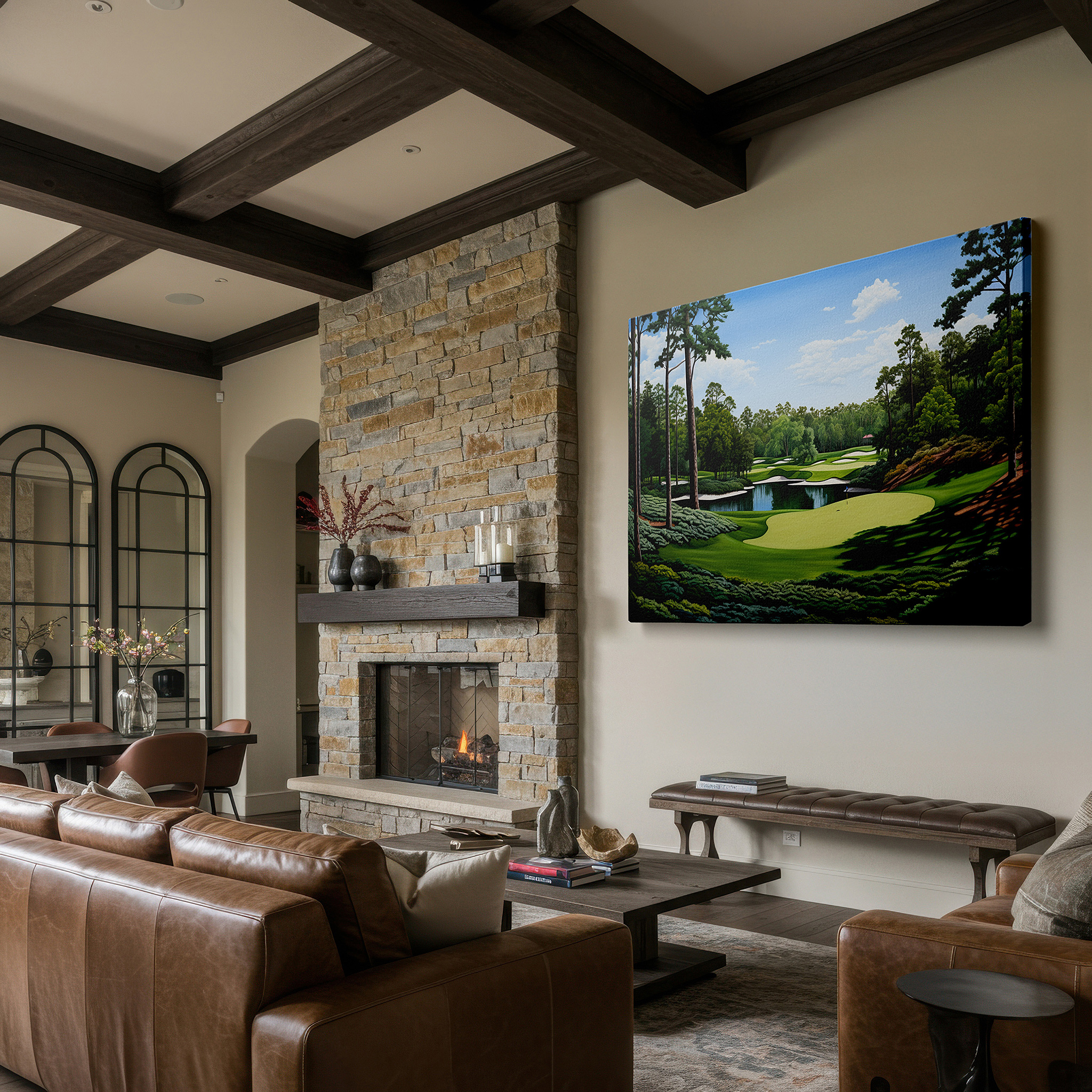Gently illuminated by ambient lighting in an entryway — serene golf course landscape: a harmonious blend of nature and sport - large canvas wall art for office and bedroom decor