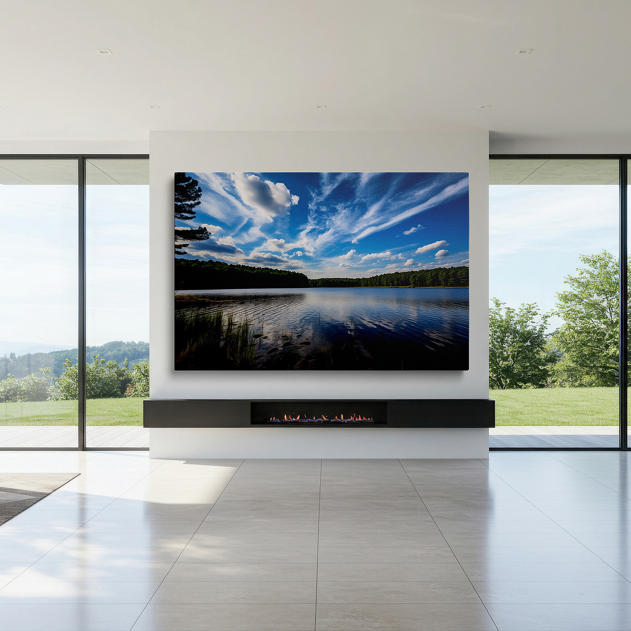 Gently illuminated by ambient lighting in an entryway — serene lake and towering pines reflective water scene large canvas wall art for office, bedroom, and living room decor