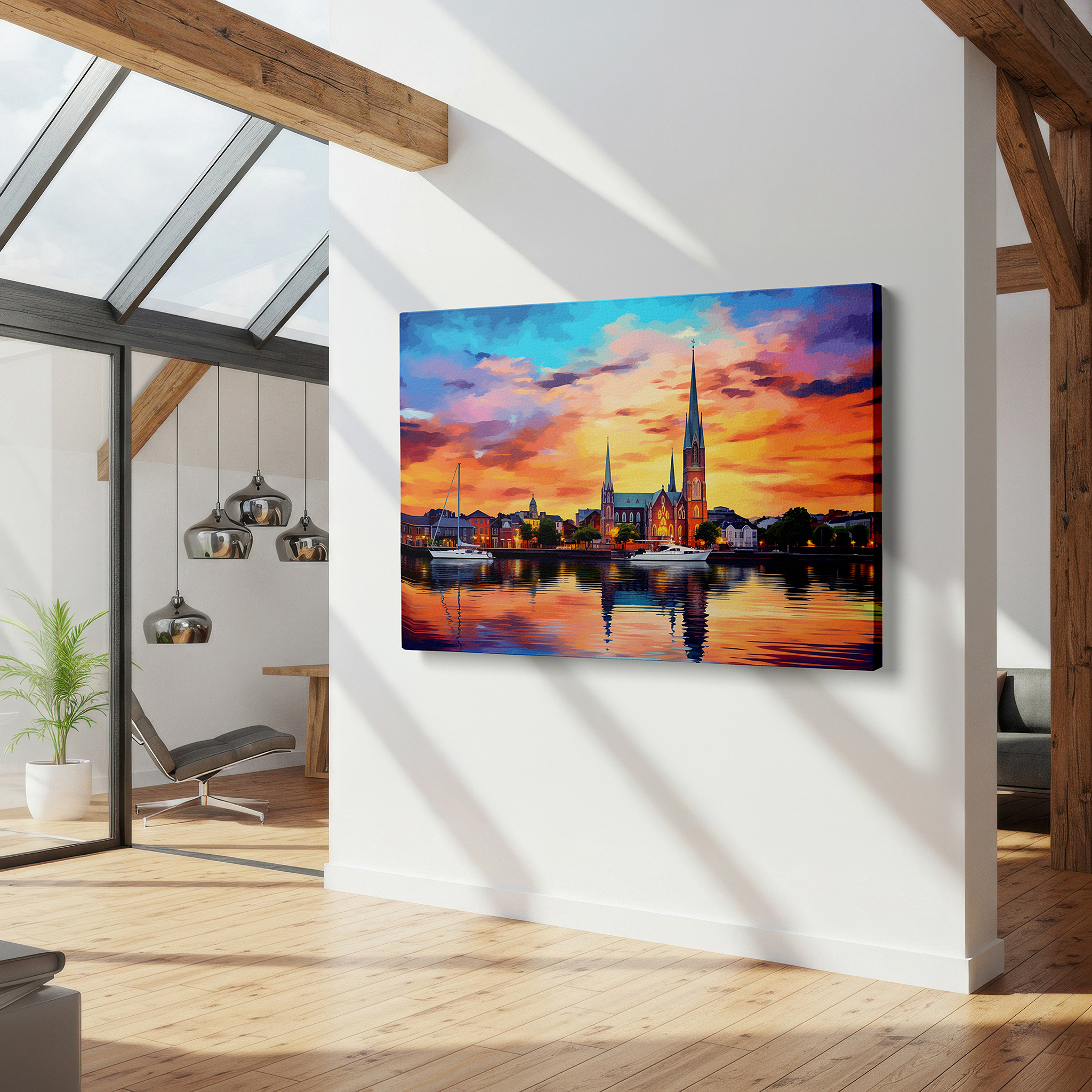 Gently illuminated by ambient lighting in an entryway — serene sanctuary historical church canvas wall art surrounded by nature, ideal for office, bedroom, and living room decor