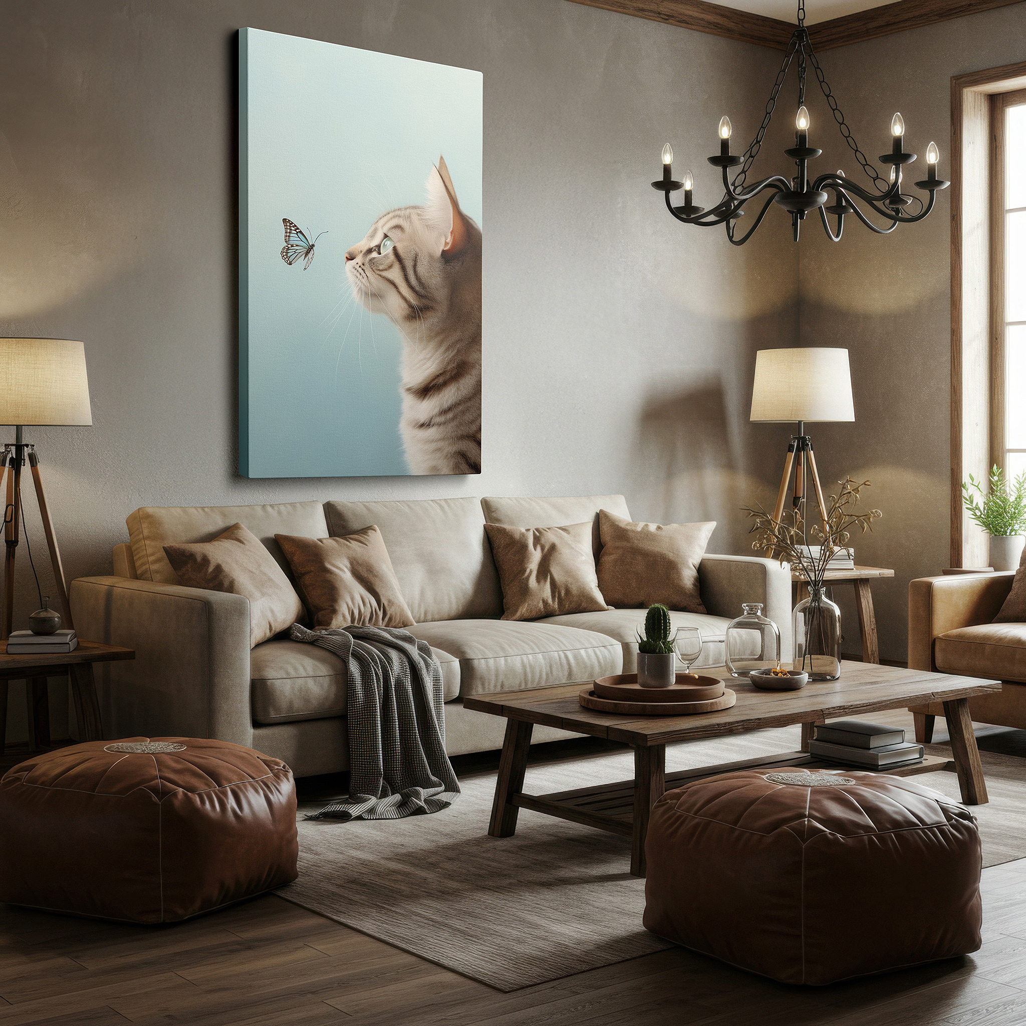 Gently illuminated by ambient lighting in an entryway — serene scene of a cat meeting a butterfly in nature large wall art, canvas print, home and office decor