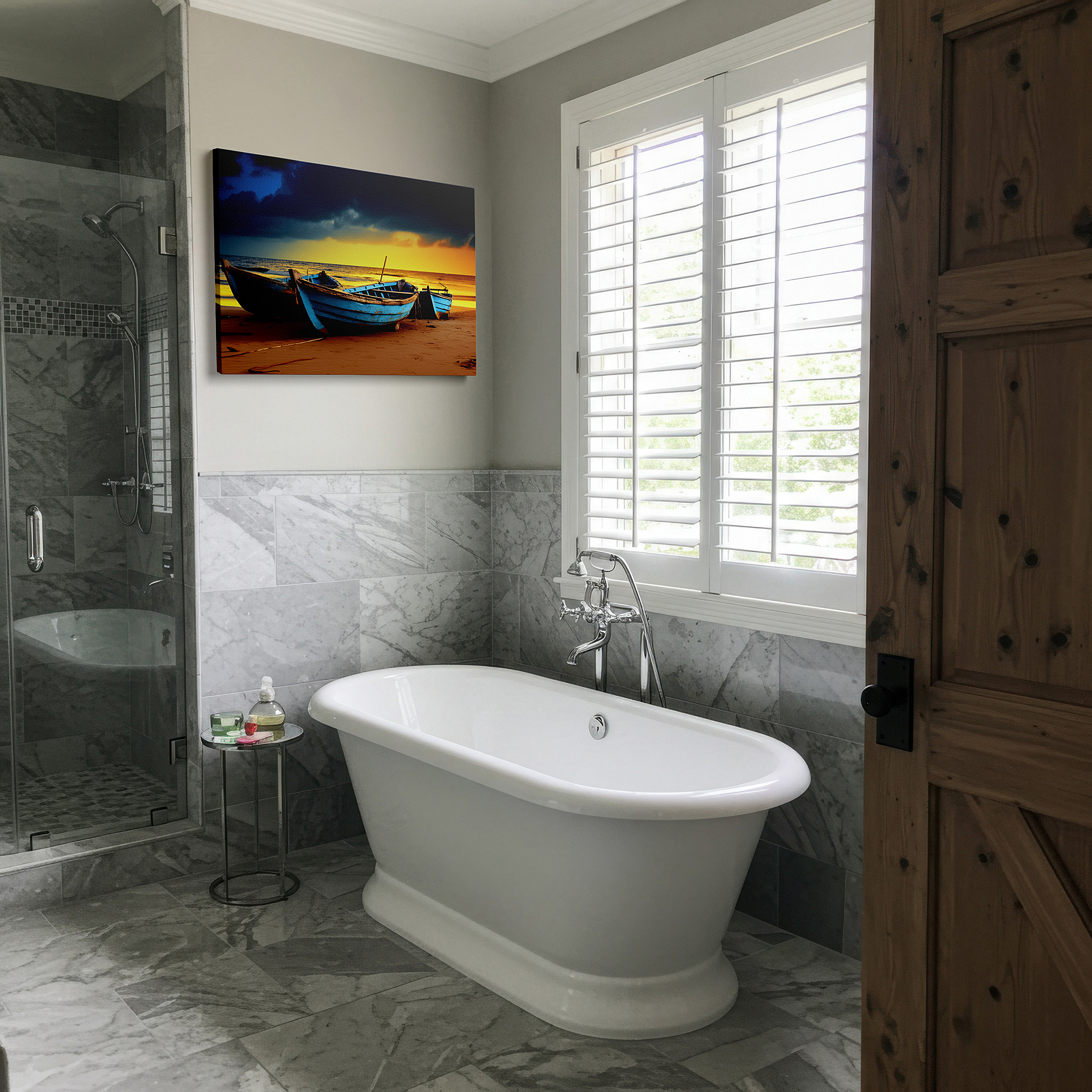 Gently illuminated by ambient lighting in an entryway — serene sunset and aged blue boats on a sandy shore - a visual exploration of time and memory large wall art, canvas wall art, wall decor