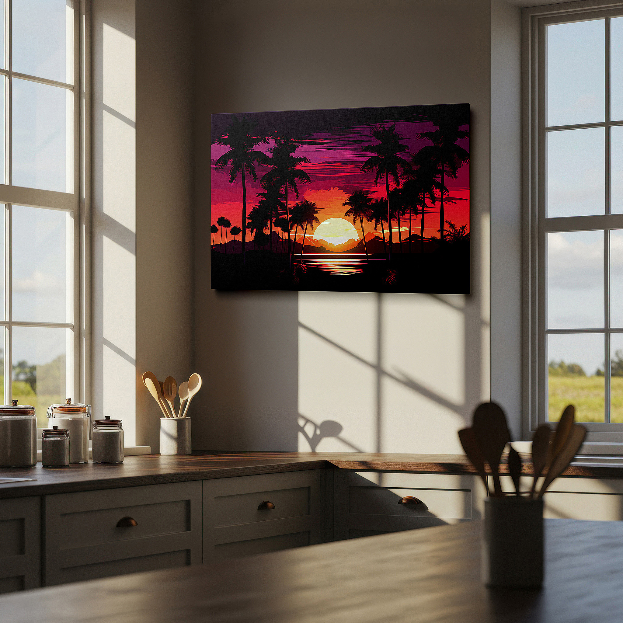 Gently illuminated by ambient lighting in an entryway — serene sunset canvas featuring silhouetted palm trees and ocean horizon - large wall art for office, bedroom, and living room decor