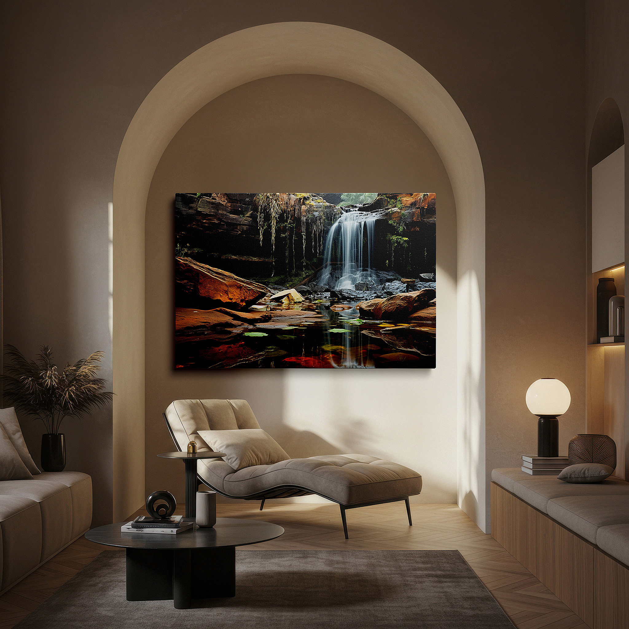 Gently illuminated by ambient lighting in an entryway — serene waterfall surrounded by steep cliffs and verdant foliage large wall art, canvas wall art, wall decor for office and bedroom