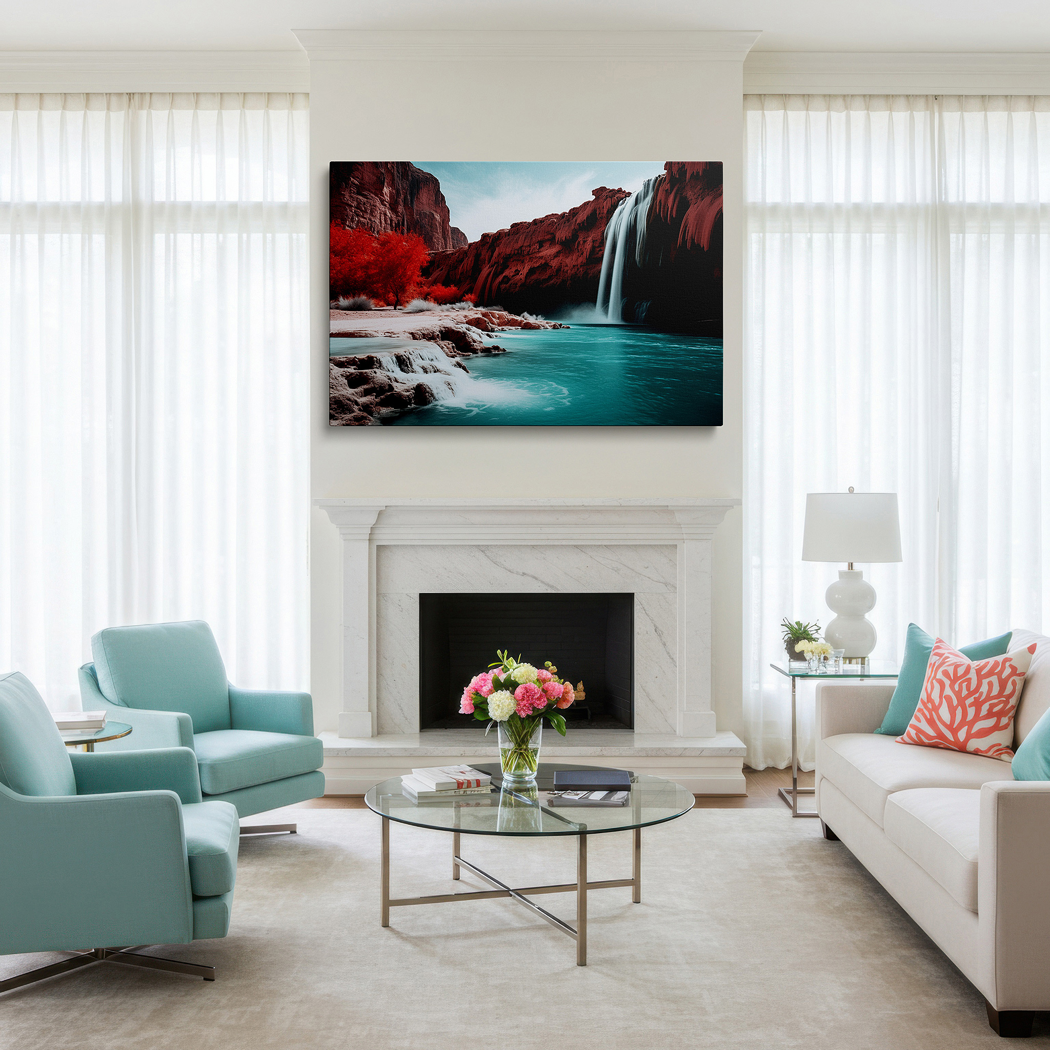 Gently illuminated by ambient lighting in an entryway — serene waterfalls on crimson rocks surrounded by verdant foliage: oversized wall art for living rooms, bedrooms, and offices
