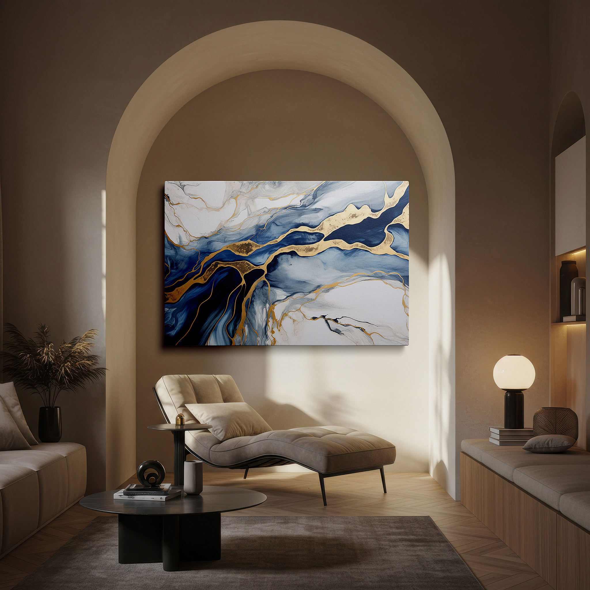 Gently illuminated by ambient lighting in an entryway — serene waters and radiant glow - elegant blue hues with glimmering highlights large wall art, canvas wall art, wall decor for office