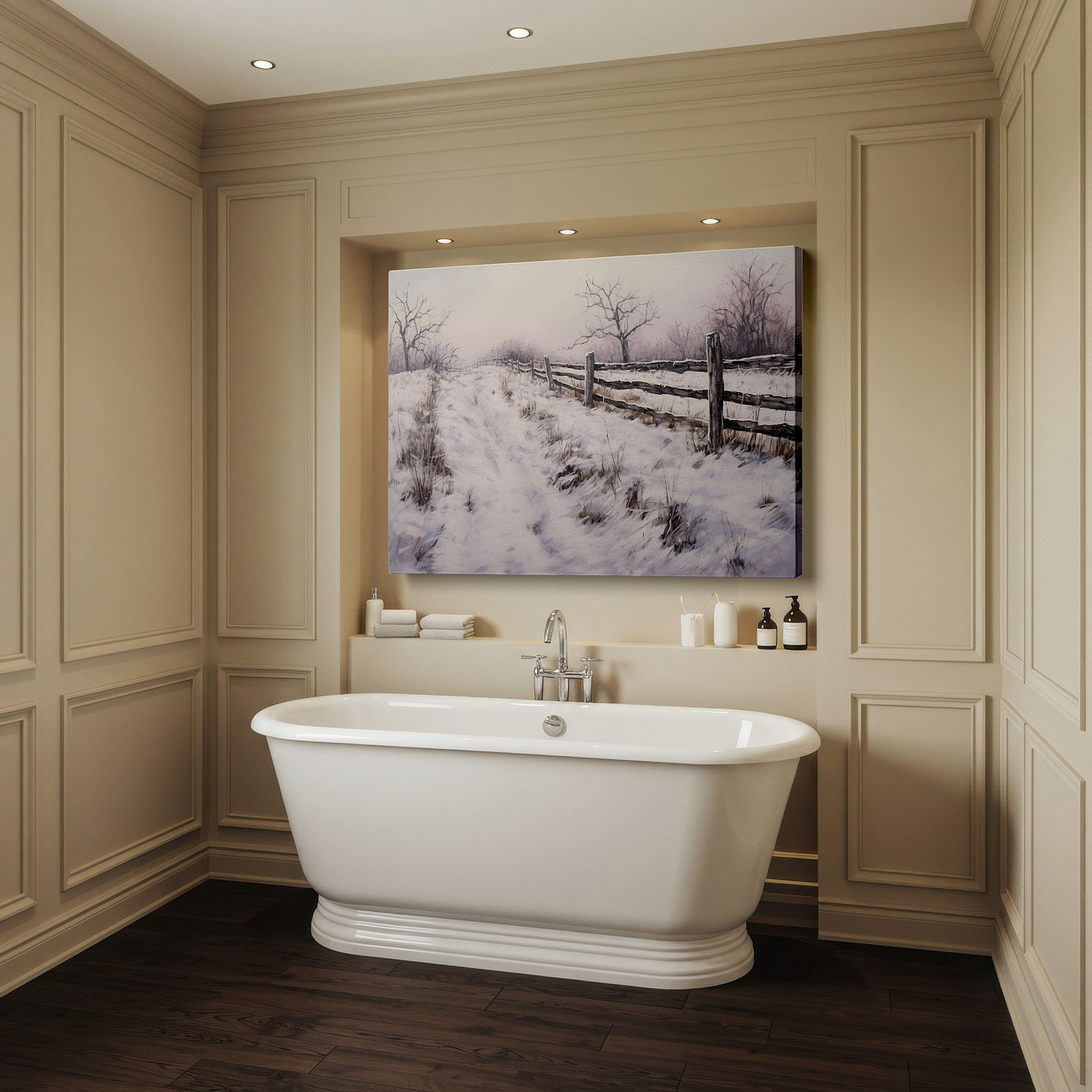 Gently illuminated by ambient lighting in an entryway — serene winter landscape featuring a snow-covered path and rustic wooden fence - large canvas wall art for office and bedroom decor