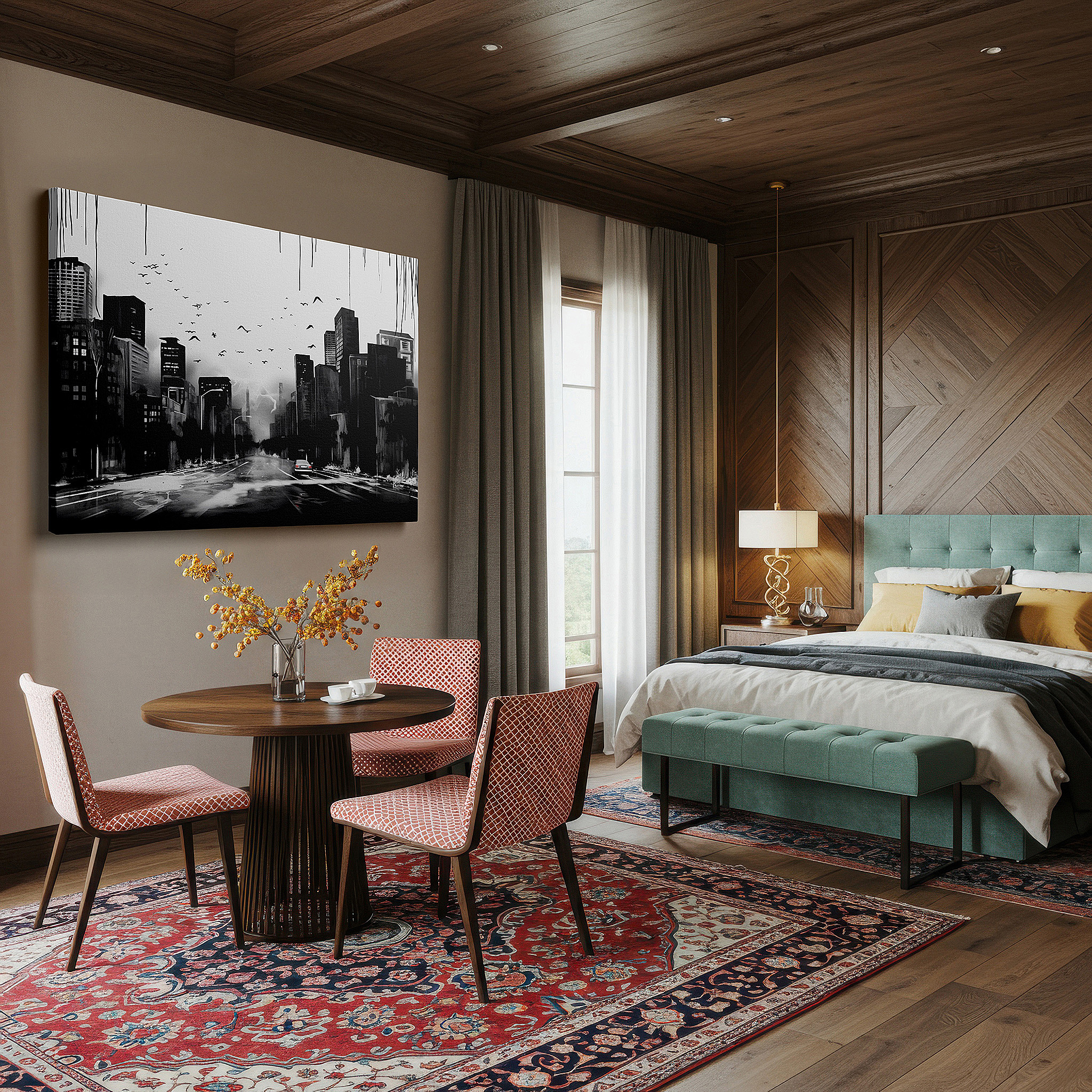 Gently illuminated by ambient lighting in an entryway — stark urban landscape in black and white: a timeless exploration of city life and isolation - large wall art, canvas wall art, wall decor