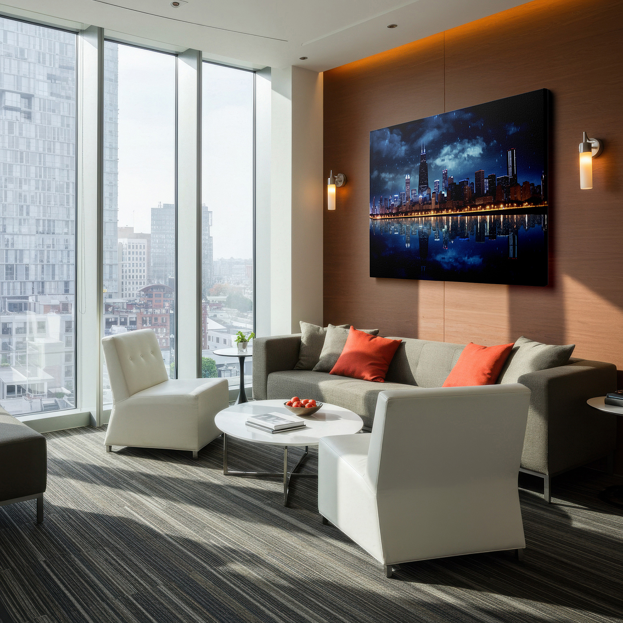 Gently illuminated by ambient lighting in an entryway — stormy evening in chicago: oil on canvas skyline masterpiece, large wall art for office or bedroom decor
