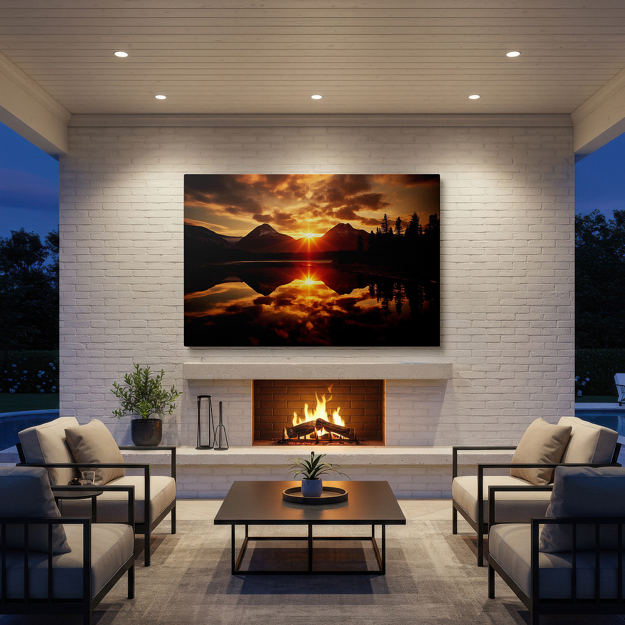 Gently illuminated by ambient lighting in an entryway — sunset serenity over tranquil lake with majestic mountain reflections: large canvas wall art for office and bedroom decor