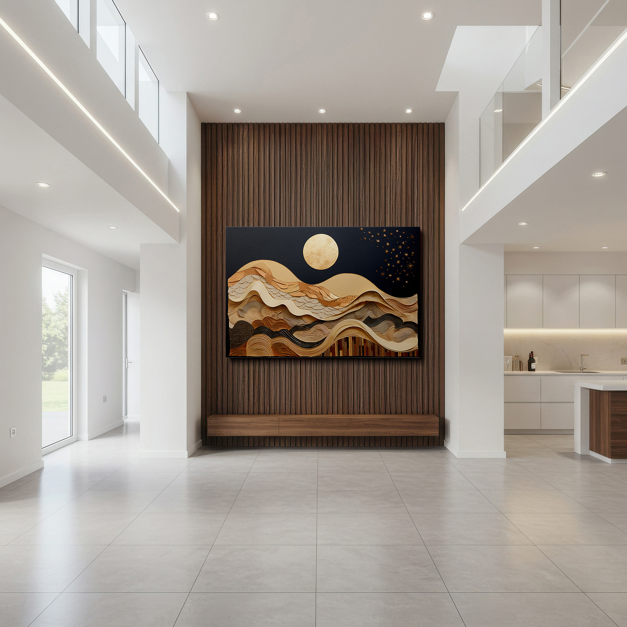 Gently illuminated by ambient lighting in an entryway — textured waves and golden moon in a deep blue sky - capturing nature's majestic beauty large wall art, canvas wall art, wall decor for office