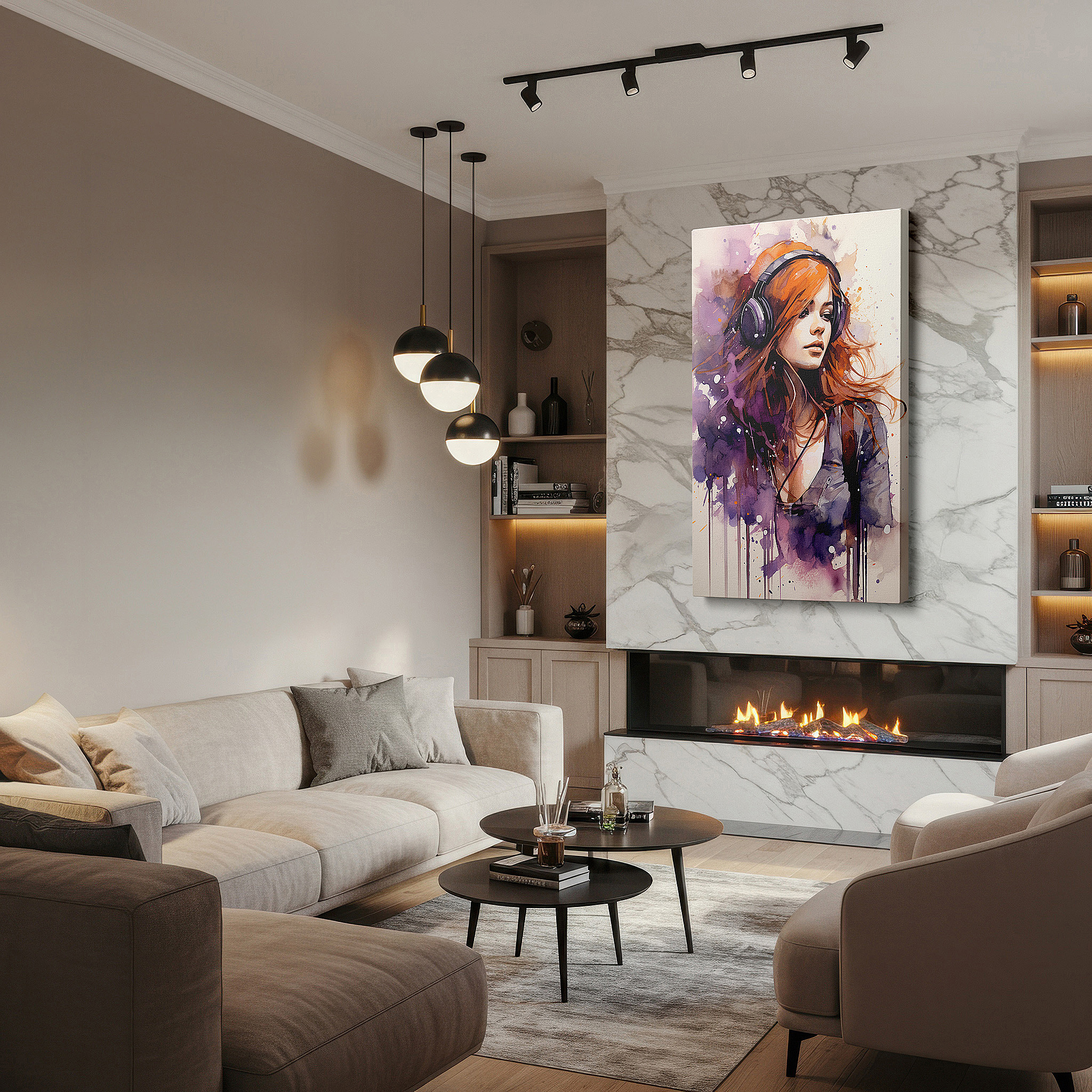 Gently illuminated by ambient lighting in an entryway — the tranquil harmony of a red-haired woman engulfed in music large wall art, canvas wall art, wall decor for office and bedroom