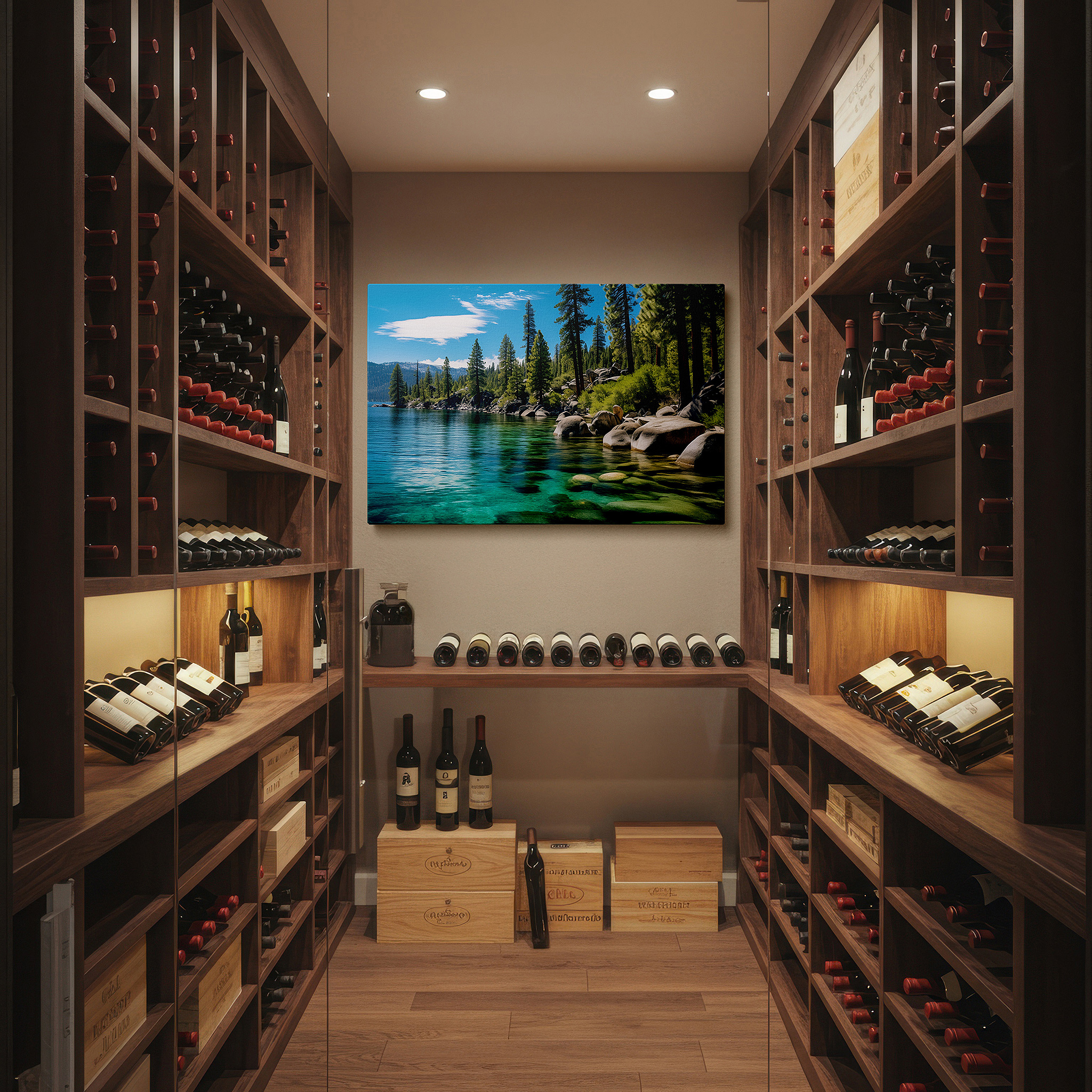 Gently illuminated by ambient lighting in an entryway — tranquil lakeside view featuring sky, water, rocks, and pine trees - ideal for peaceful environments, large canvas wall art, home and office decor