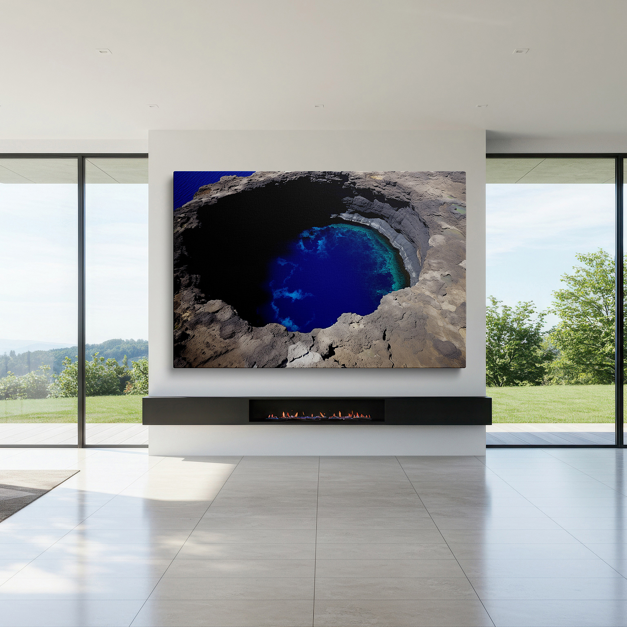 Gently illuminated by ambient lighting in an entryway — tranquil waters and ancient lava rocks - striking natural beauty large wall art, canvas wall art, wall decor for office