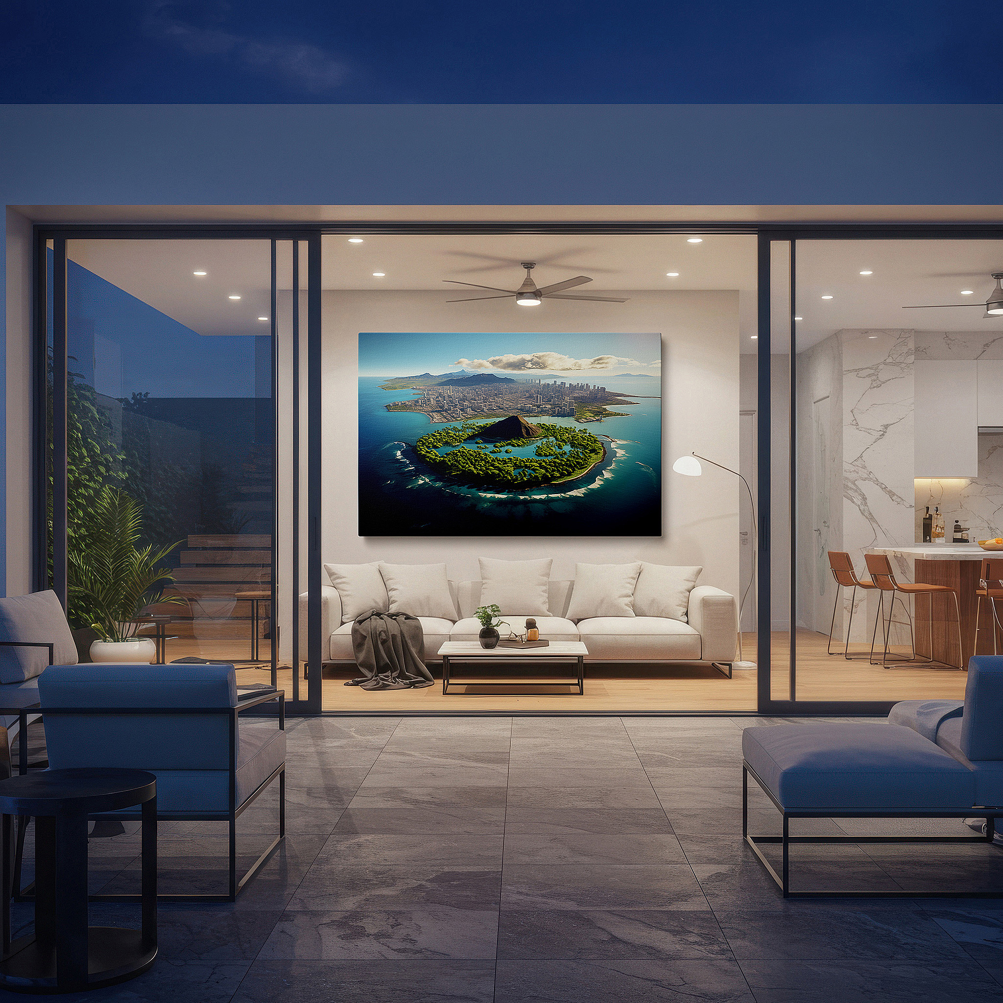 Gently illuminated by ambient lighting in an entryway — tropical island and urban skyline fusion: stunning nature and innovation large wall art, canvas wall art, wall decor for office