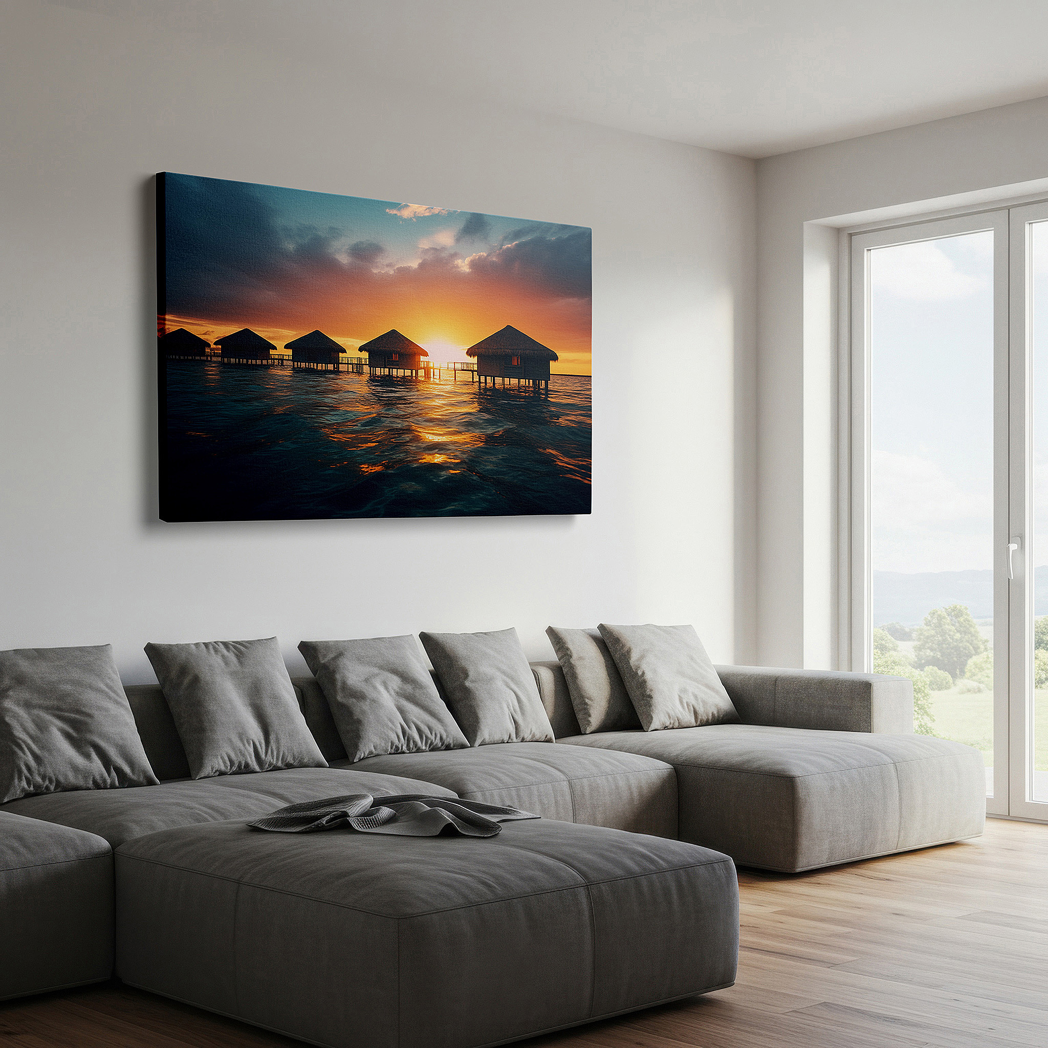 Gently illuminated by ambient lighting in an entryway — tropical sunset and serene waters canvas print with golden-lit bungalows - large wall art for office, bedroom, and living room decor