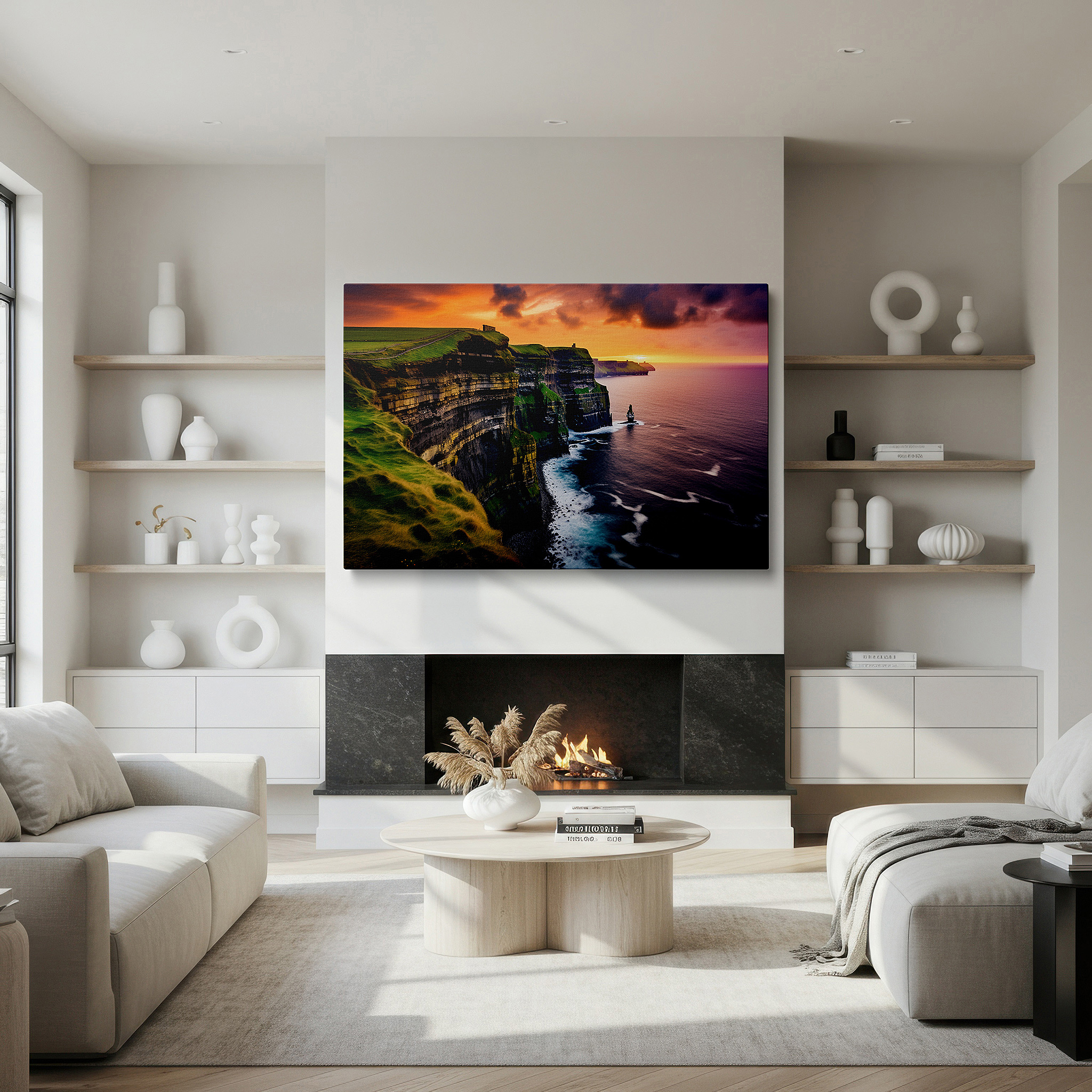 Gently illuminated by ambient lighting in an entryway — twilight majesty: cliffs overlooking the serene ocean - large canvas wall art for office, bedroom, and living room decor