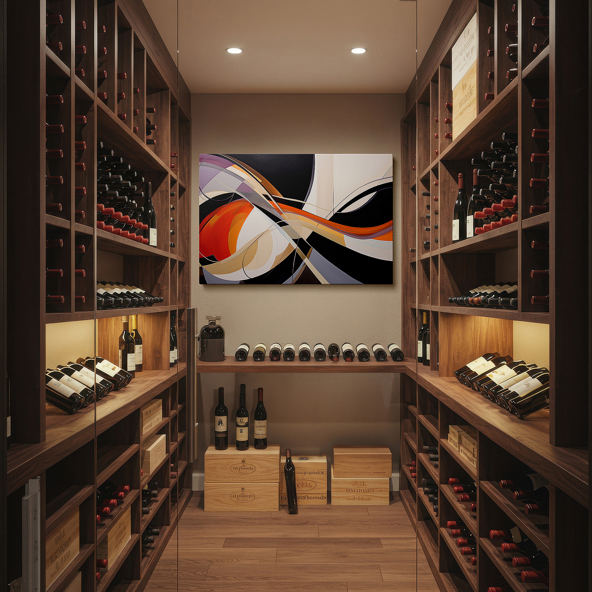 Gently illuminated by ambient lighting in an entryway — vibrant abstract masterpiece featuring bold oranges and deep blacks, perfect as a captivating centerpiece for any room - large canvas wall art decor