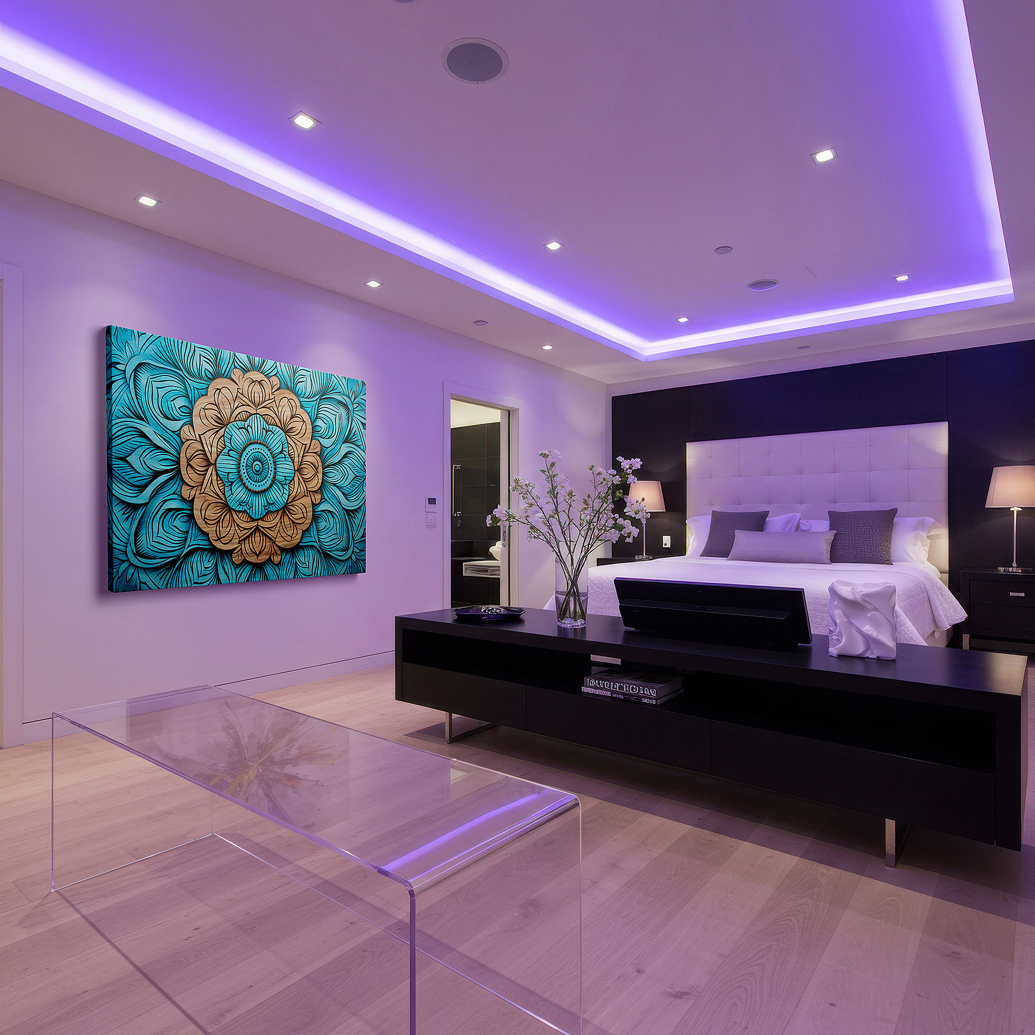 Gently illuminated by ambient lighting in an entryway — vibrant floral wood carving wall art: a fusion of traditional craftsmanship and modern aesthetics for home and office decor