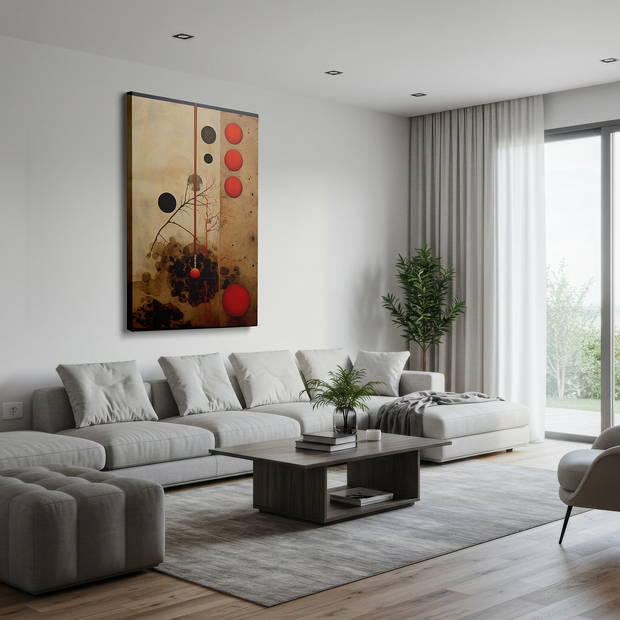 Gently illuminated by ambient lighting in an entryway — vibrant interaction of red and black circles on a textured background, large canvas wall art for home and office decor