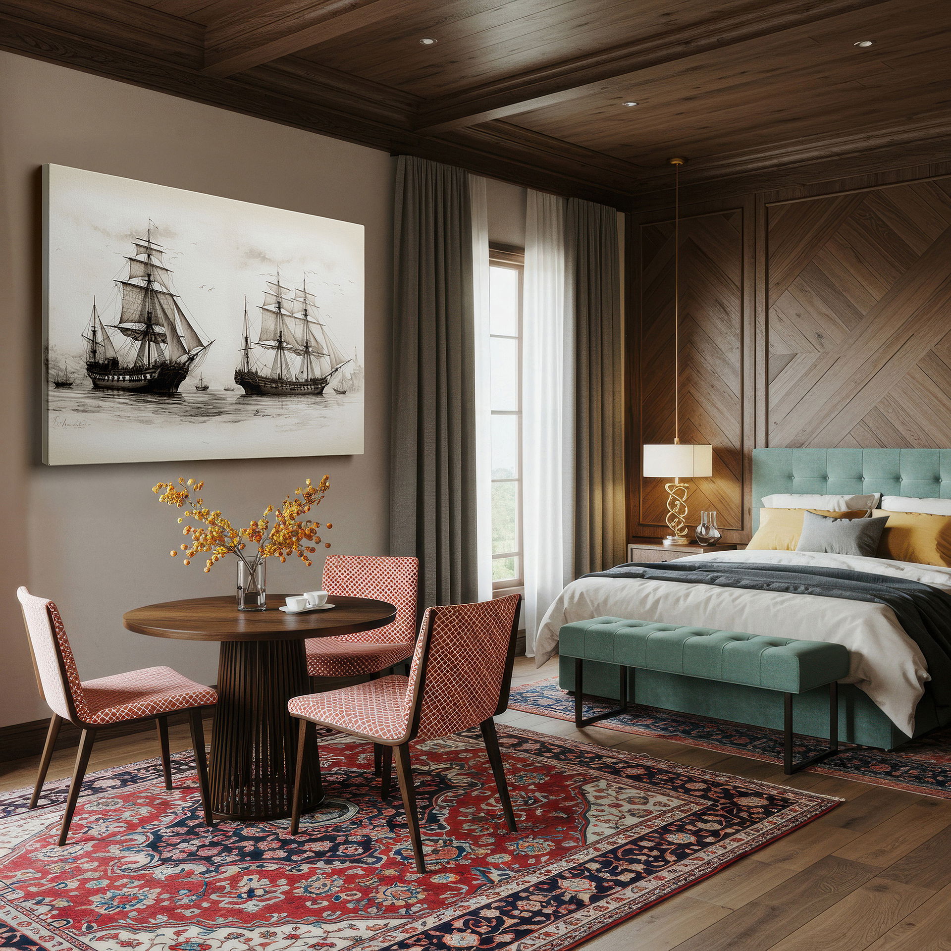 Gently illuminated by ambient lighting in an entryway — vintage sailing ships on tranquil waters under pastel skies wall art, large canvas decor for office and bedroom