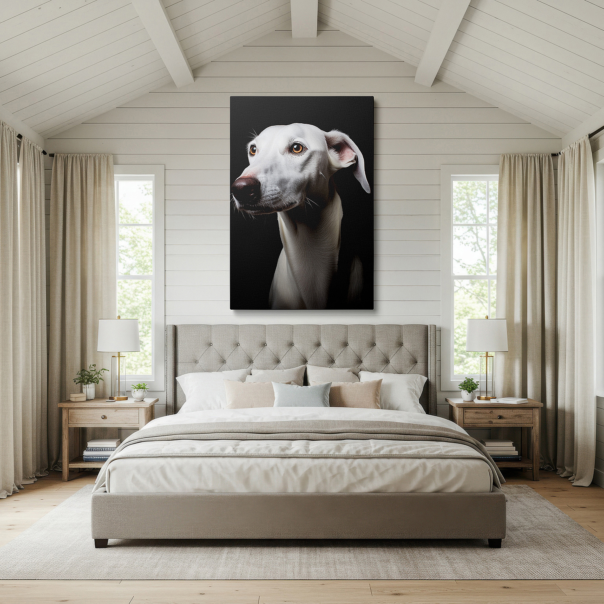 Gently illuminated by ambient lighting in an entryway — wall art: captivating white dog with a soulful gaze against a dark, serene backdrop - large canvas wall art for office, bedroom, and living room decor